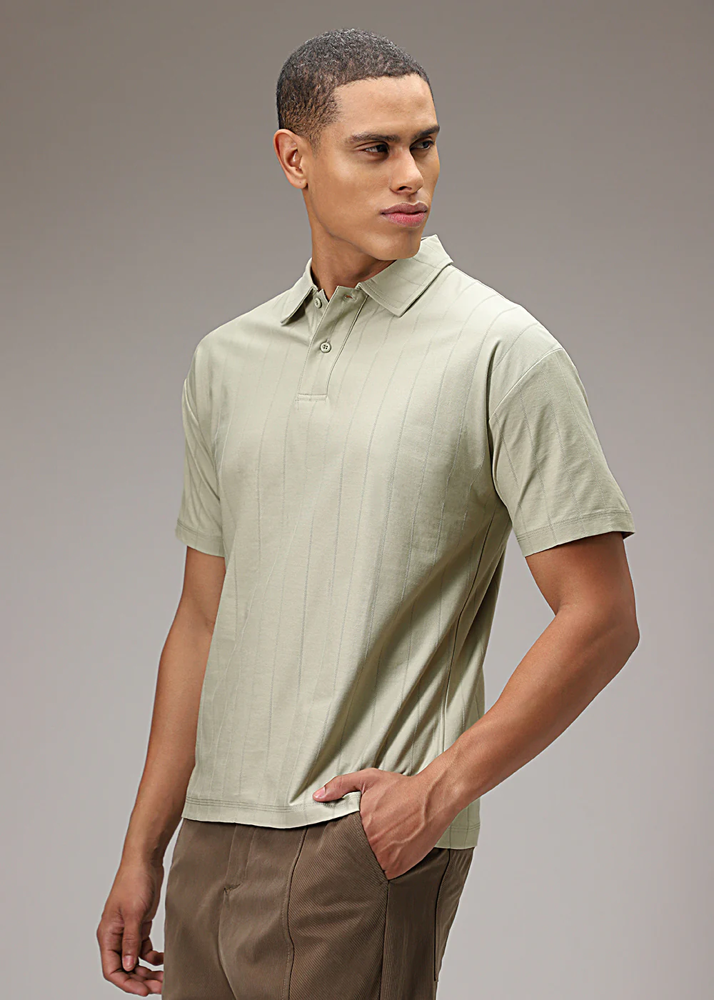 Ecru Striped Drop Shoulder Polo T-shirt - Image 3