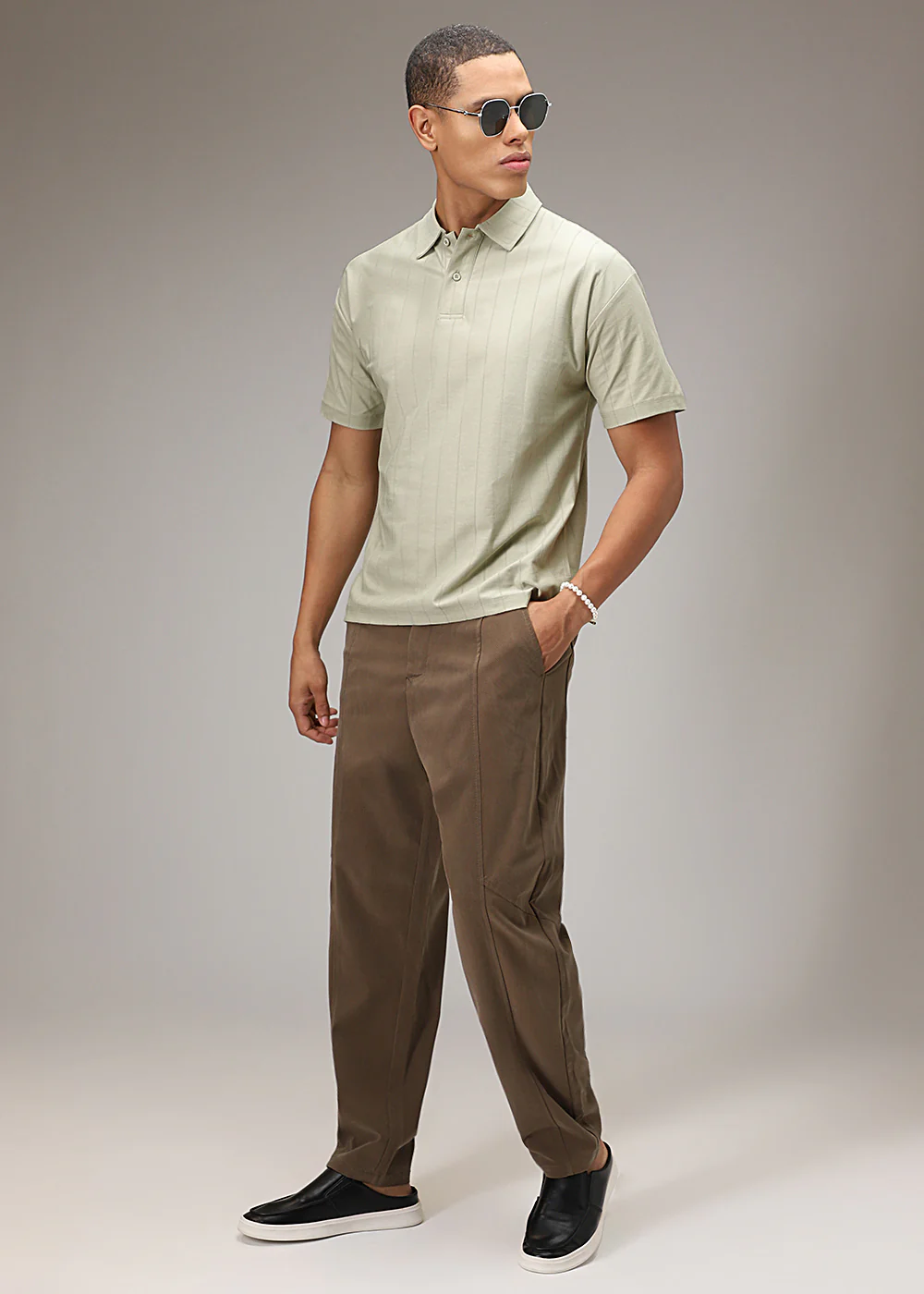 Ecru Striped Drop Shoulder Polo T-shirt - Image 5