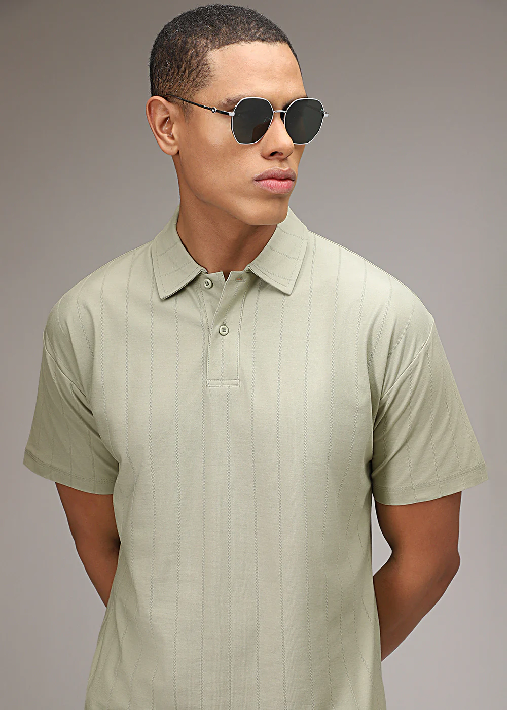 Ecru Striped Drop Shoulder Polo T-shirt - Image 6
