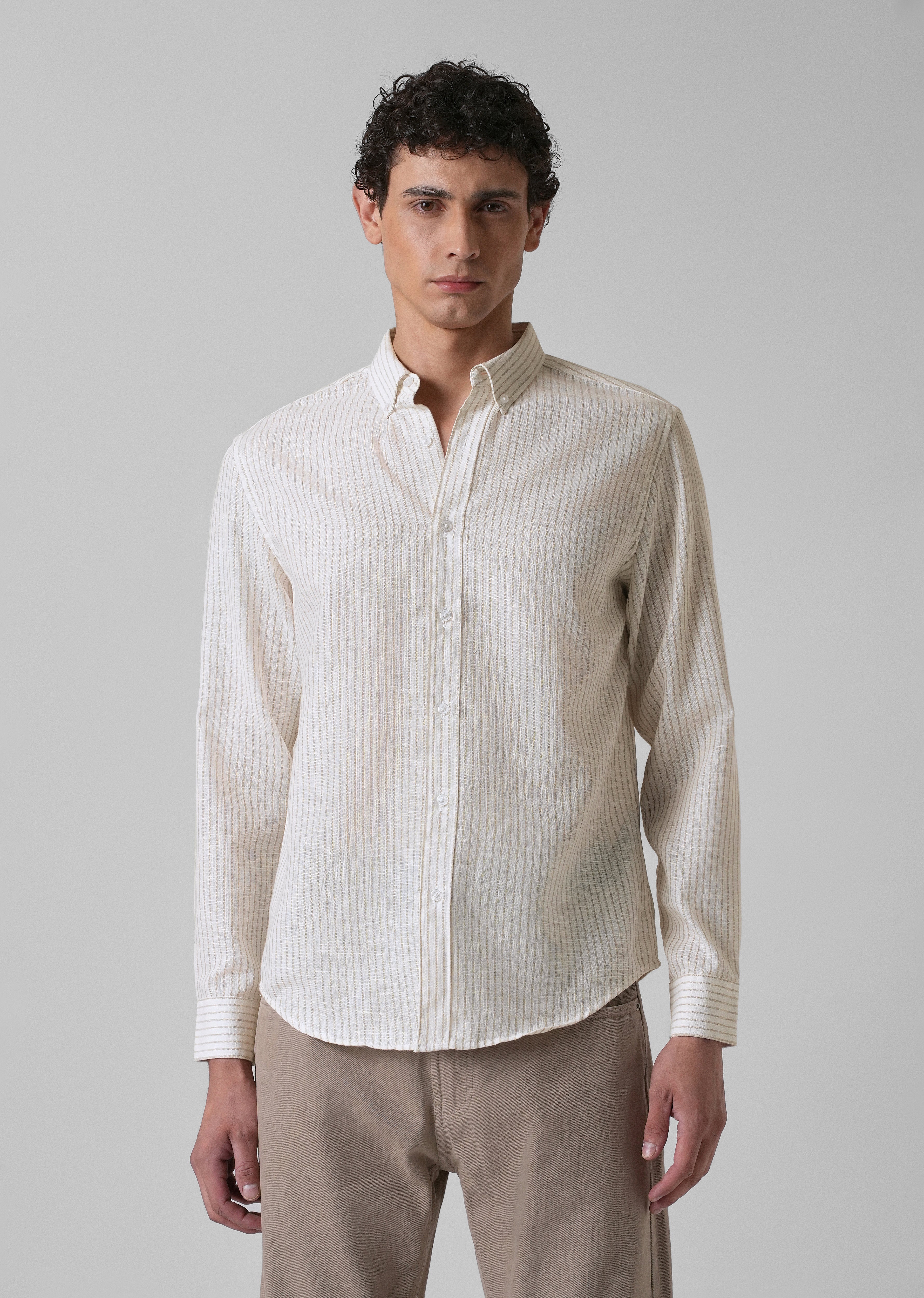 Elegant khaki Stripe Blended Linen shirt - Image 3