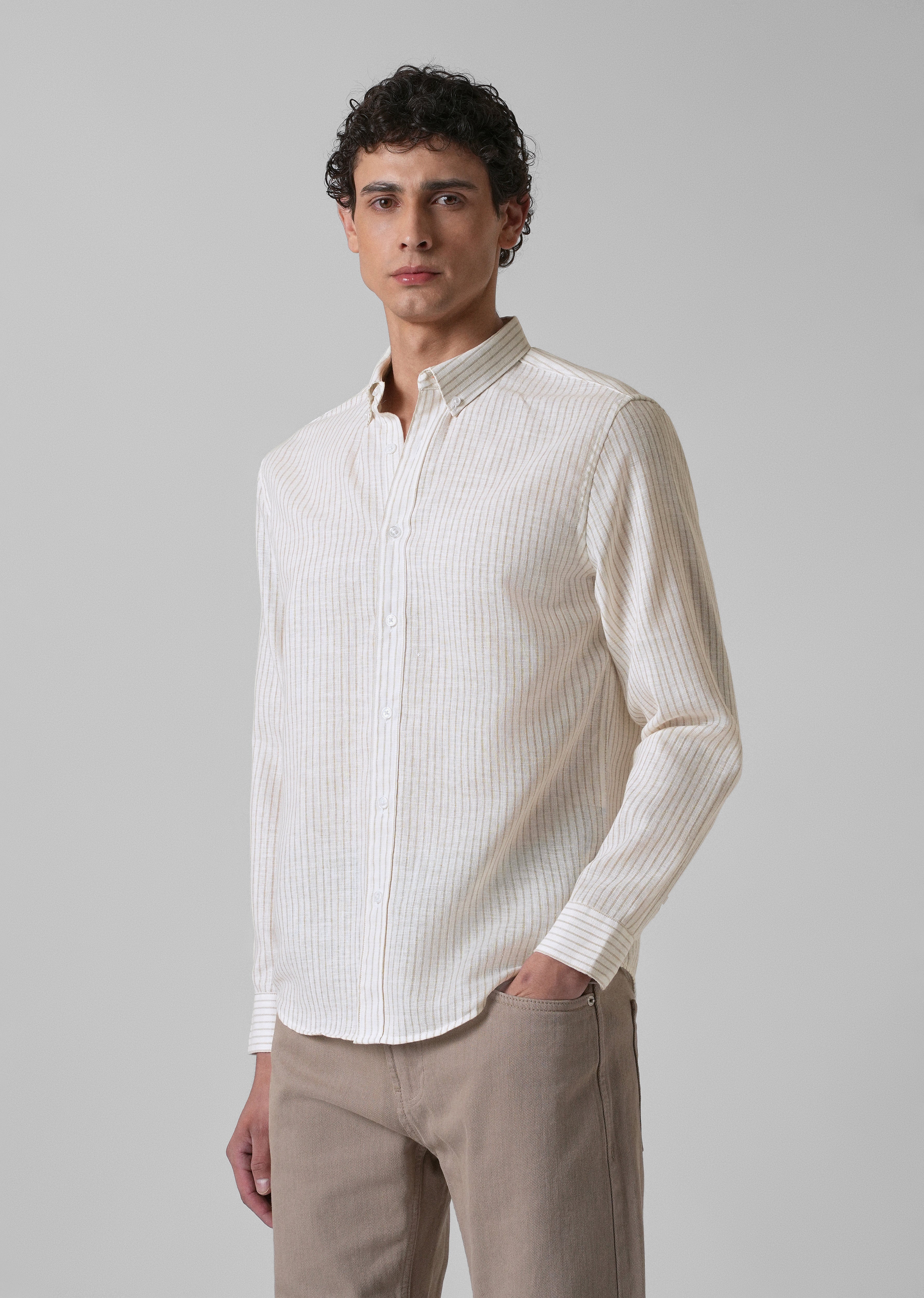 Elegant khaki Stripe Blended Linen shirt - Image 4