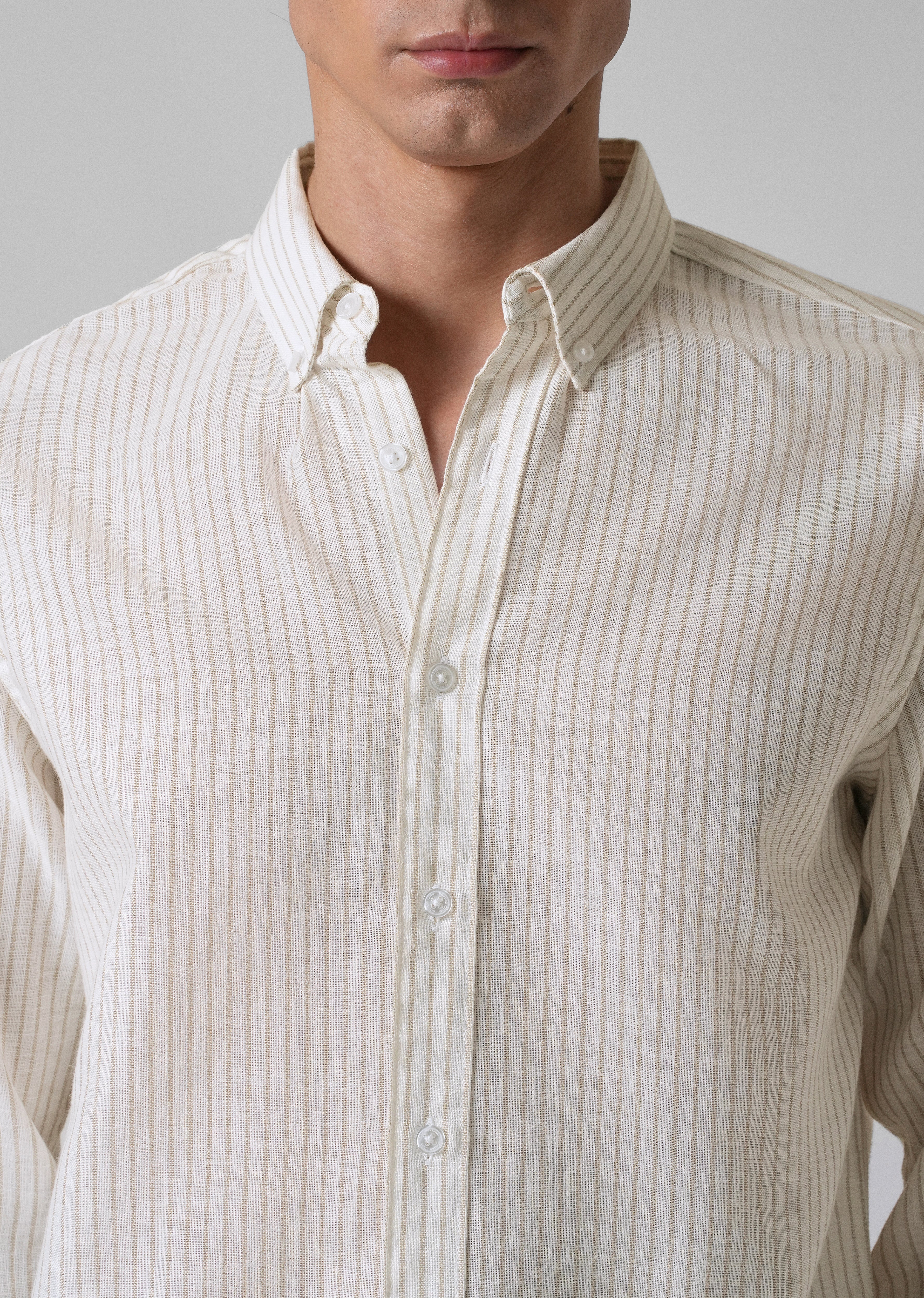 Elegant khaki Stripe Blended Linen shirt - Image 5