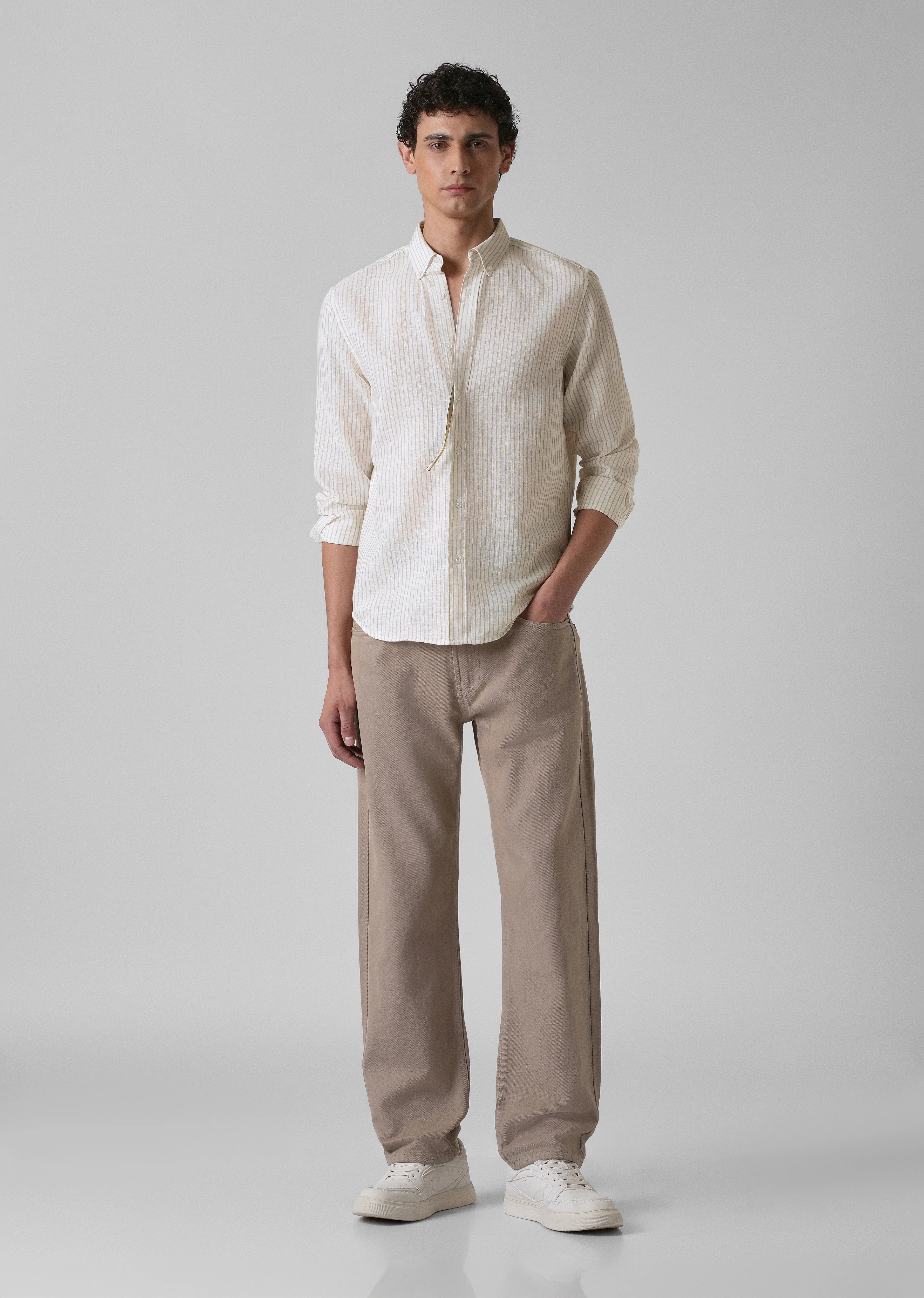 Elegant khaki Stripe Blended Linen shirt - Image 6
