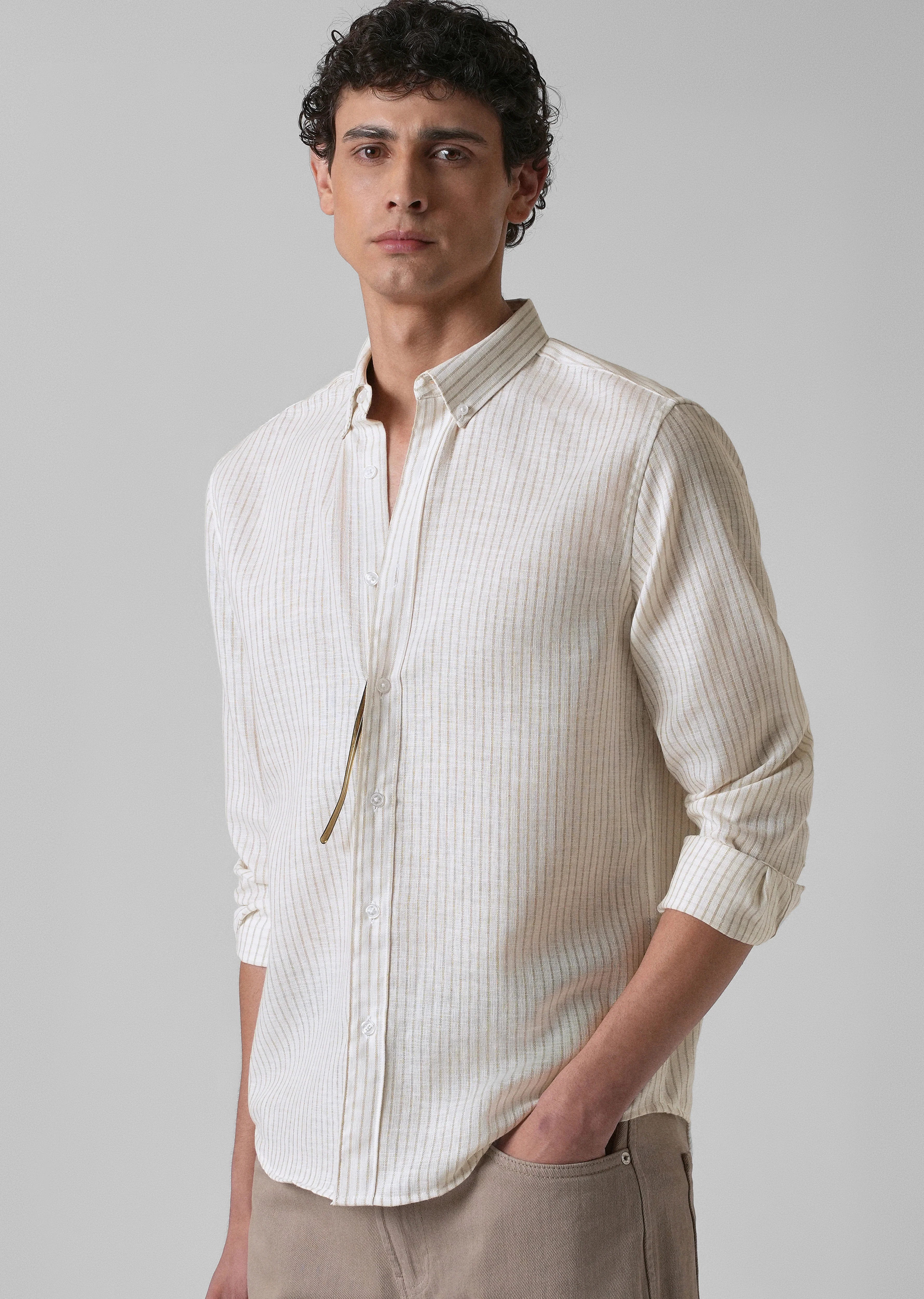 Elegant khaki Stripe Blended Linen shirt - Image 7