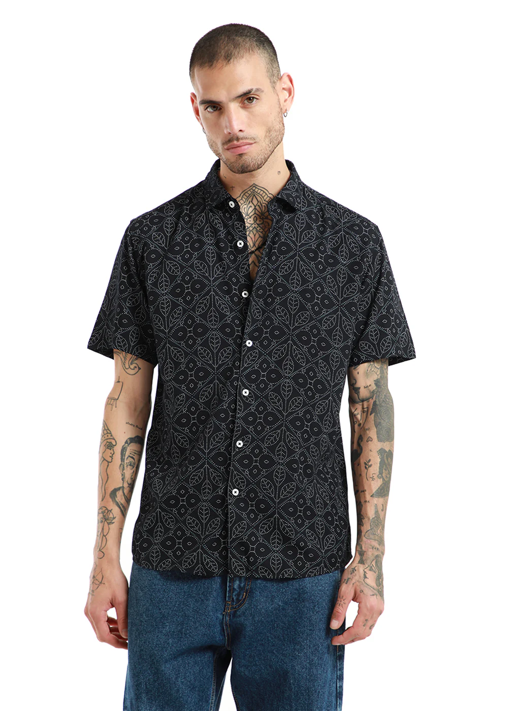 Emblematic Black Leaf Print Half Sleeve Shirt - Image 4