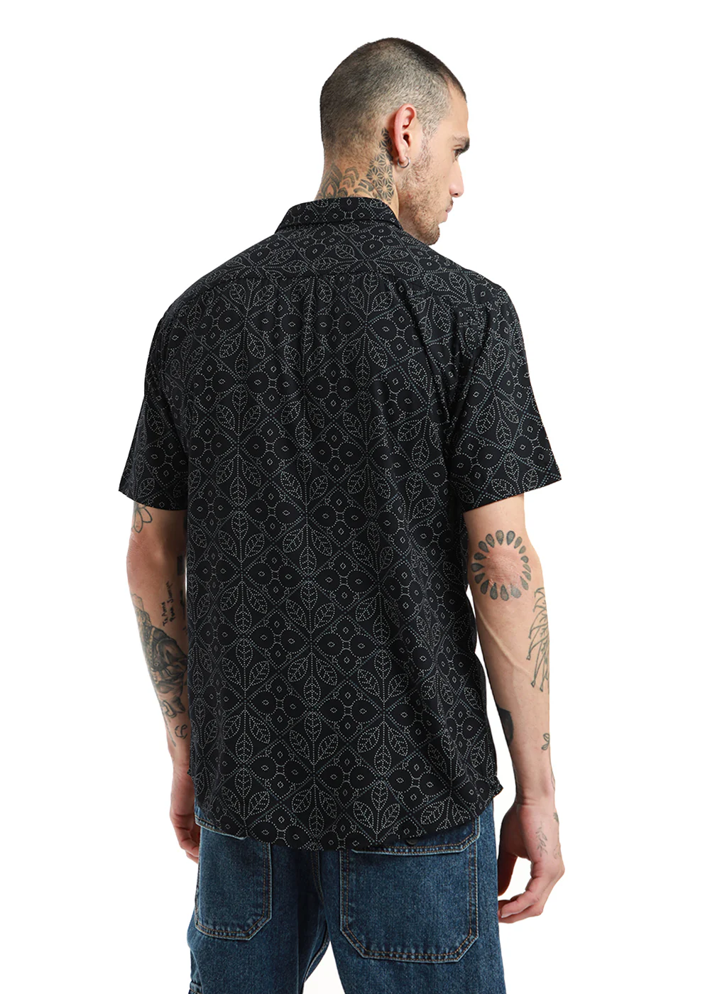 Emblematic Black Leaf Print Half Sleeve Shirt - Image 5