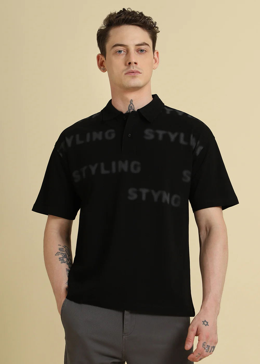 Faded Print Black Polo T-shirt - Image 3