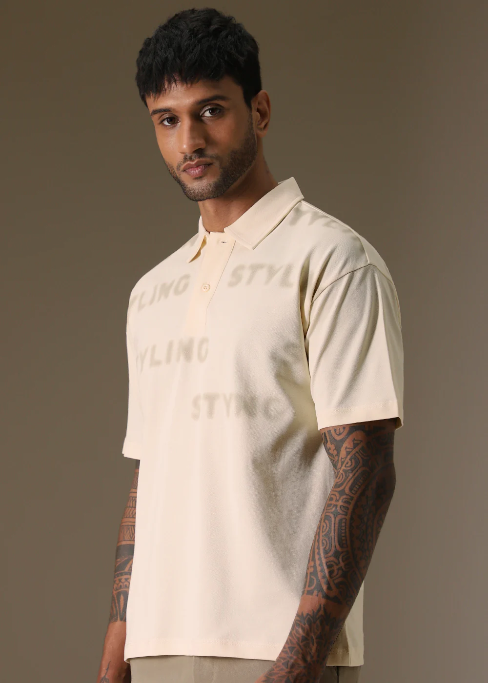 Faded Print Cream Polo T-shirt - Image 3