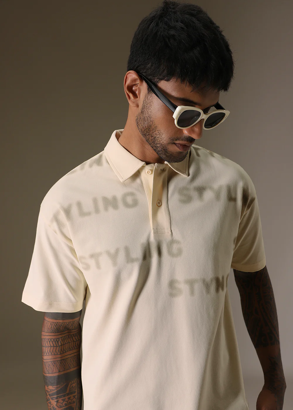 Faded Print Cream Polo T-shirt - Image 5