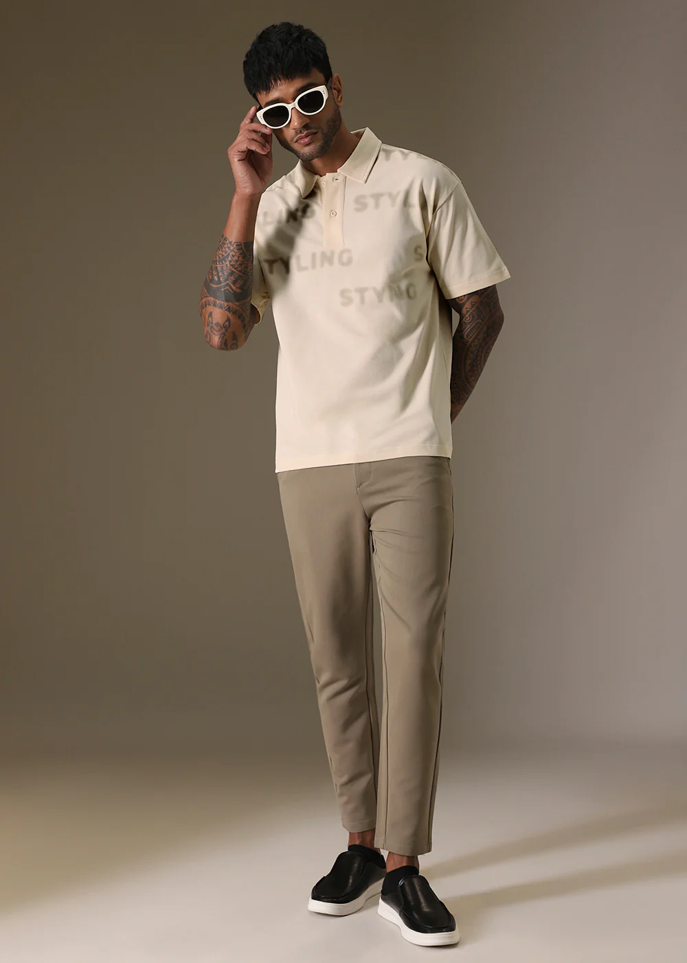 Faded Print Cream Polo T-shirt - Image 6