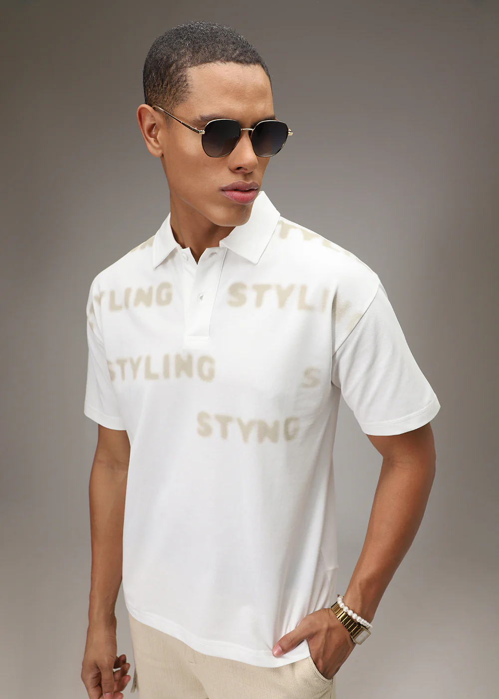 Faded Print White Polo T-shirt - Image 3