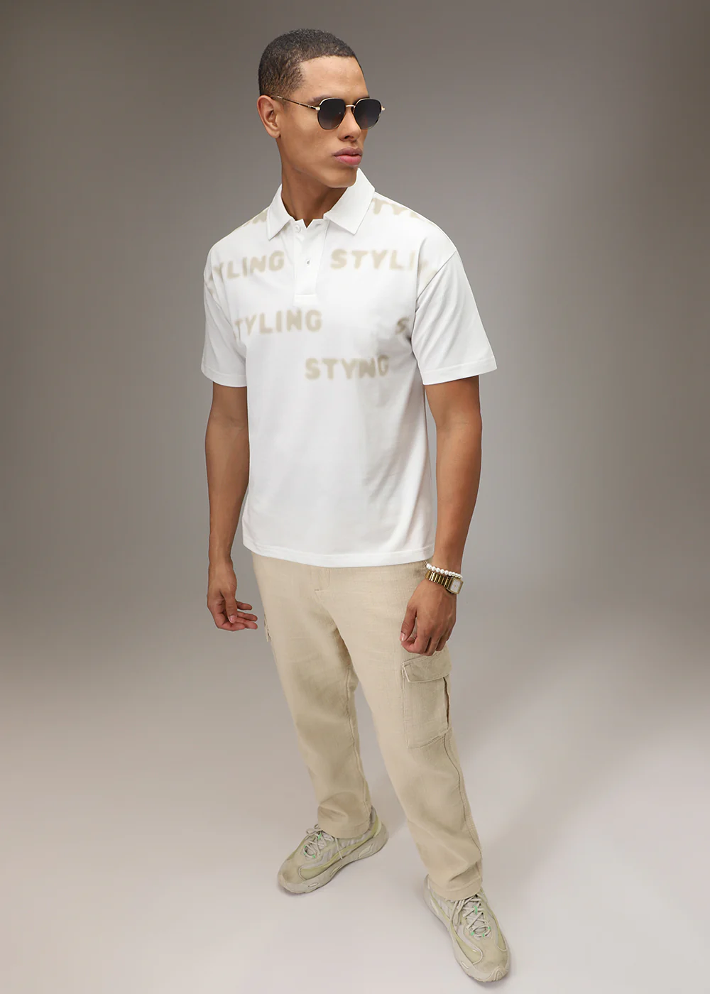 Faded Print White Polo T-shirt - Image 7