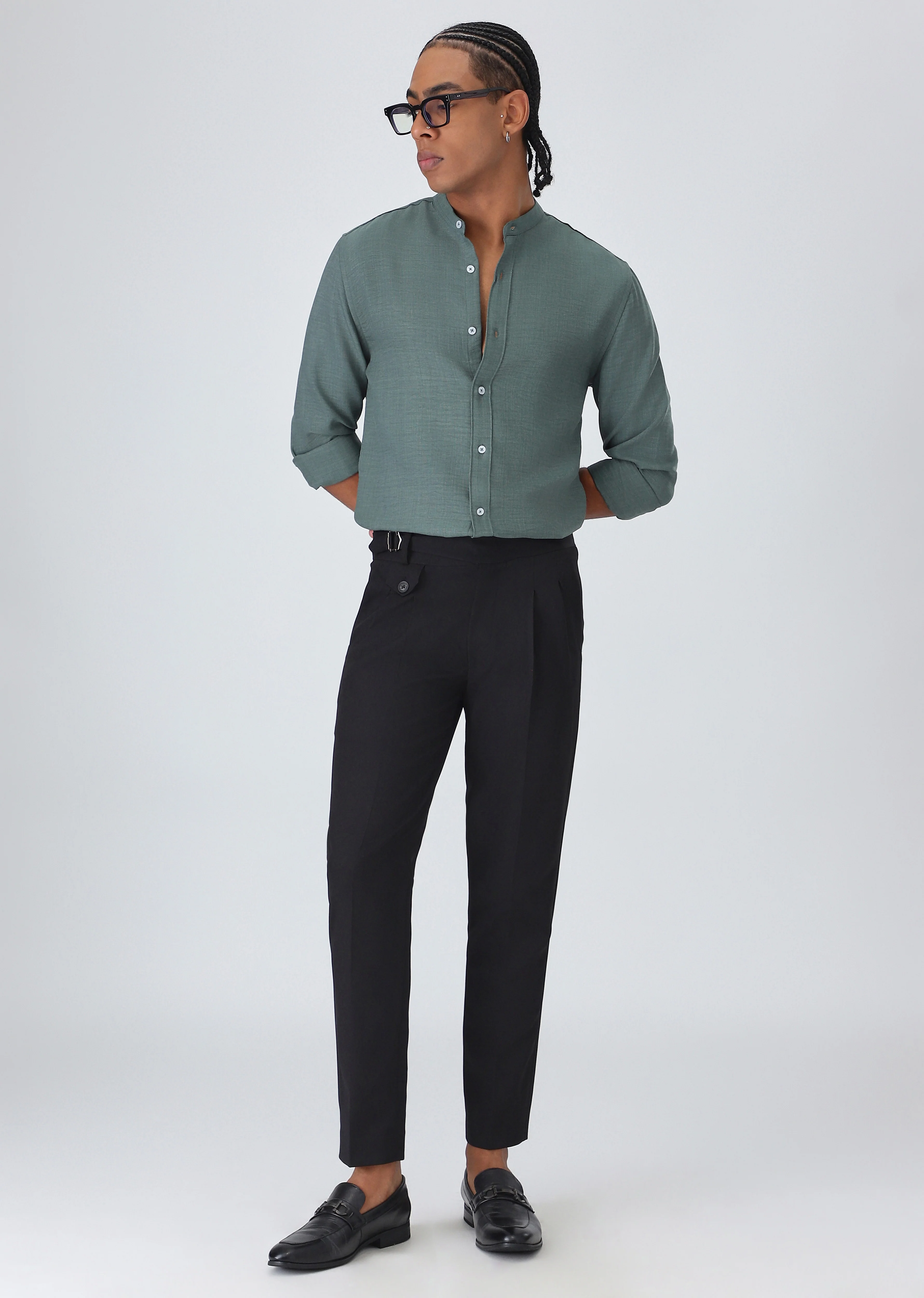 Fern Green Plain Mandarin Collar Shirt - Image 6
