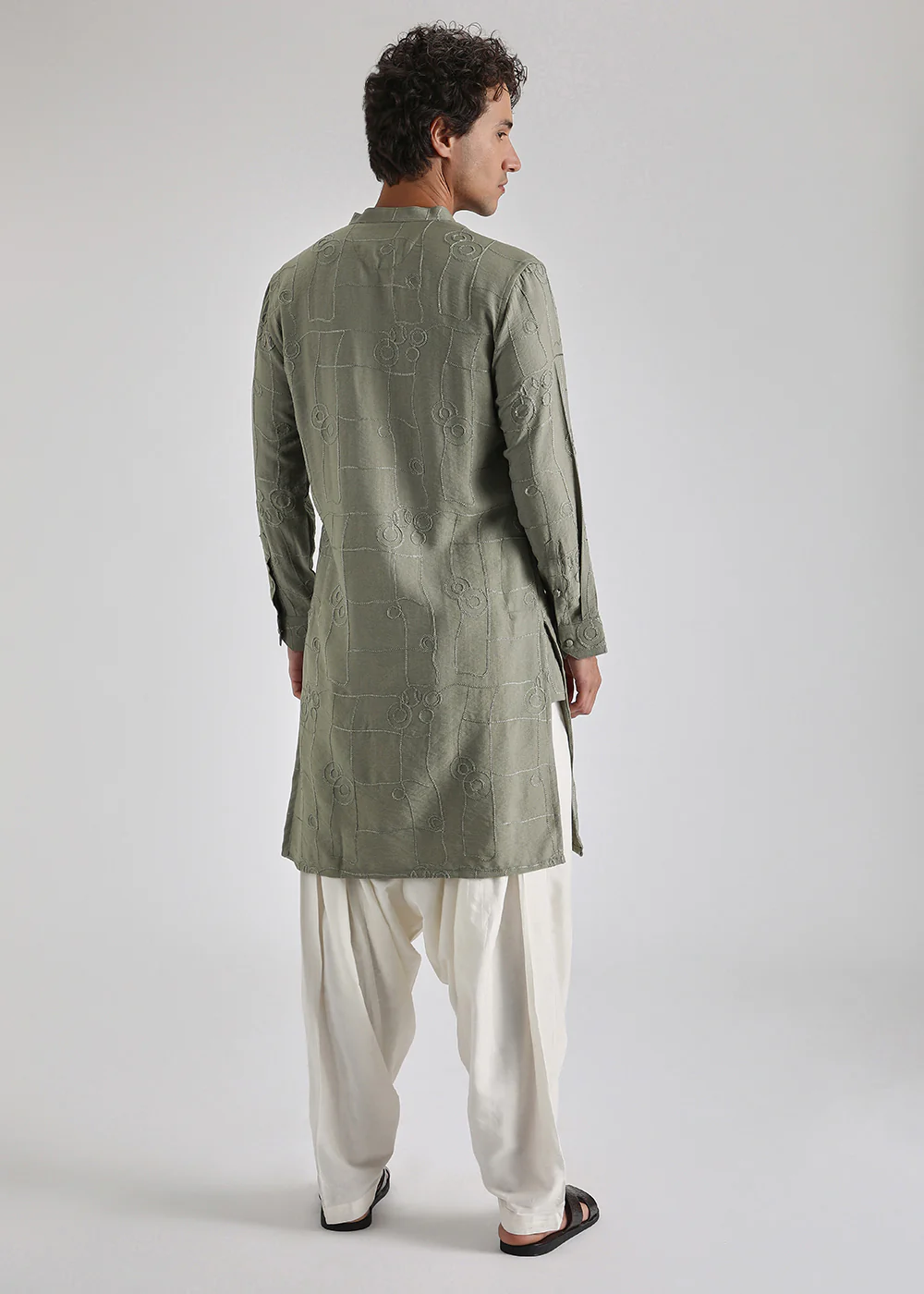 Fern Green Self Thread Embroidered Kurta - Image 4