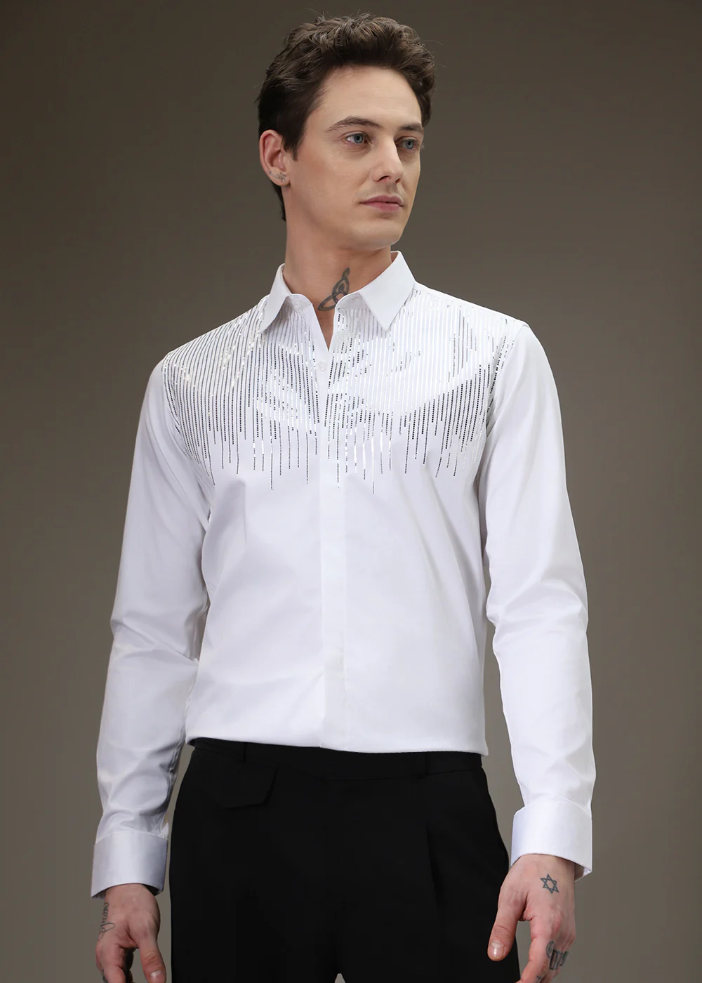 Flecked Sequin White Designer Shirt - Image 3