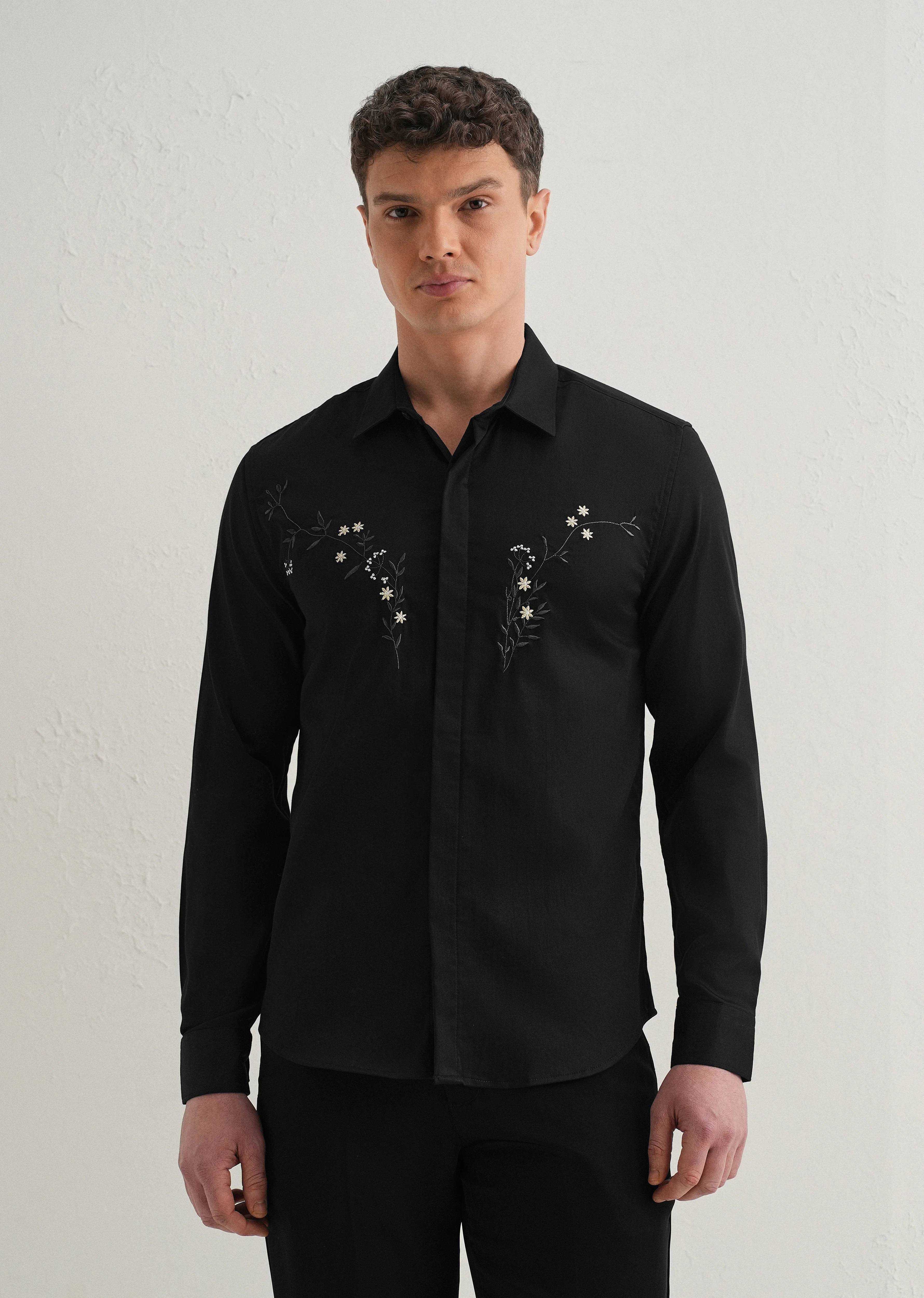 Floral Embroidered Black Designer Shirt - Image 3