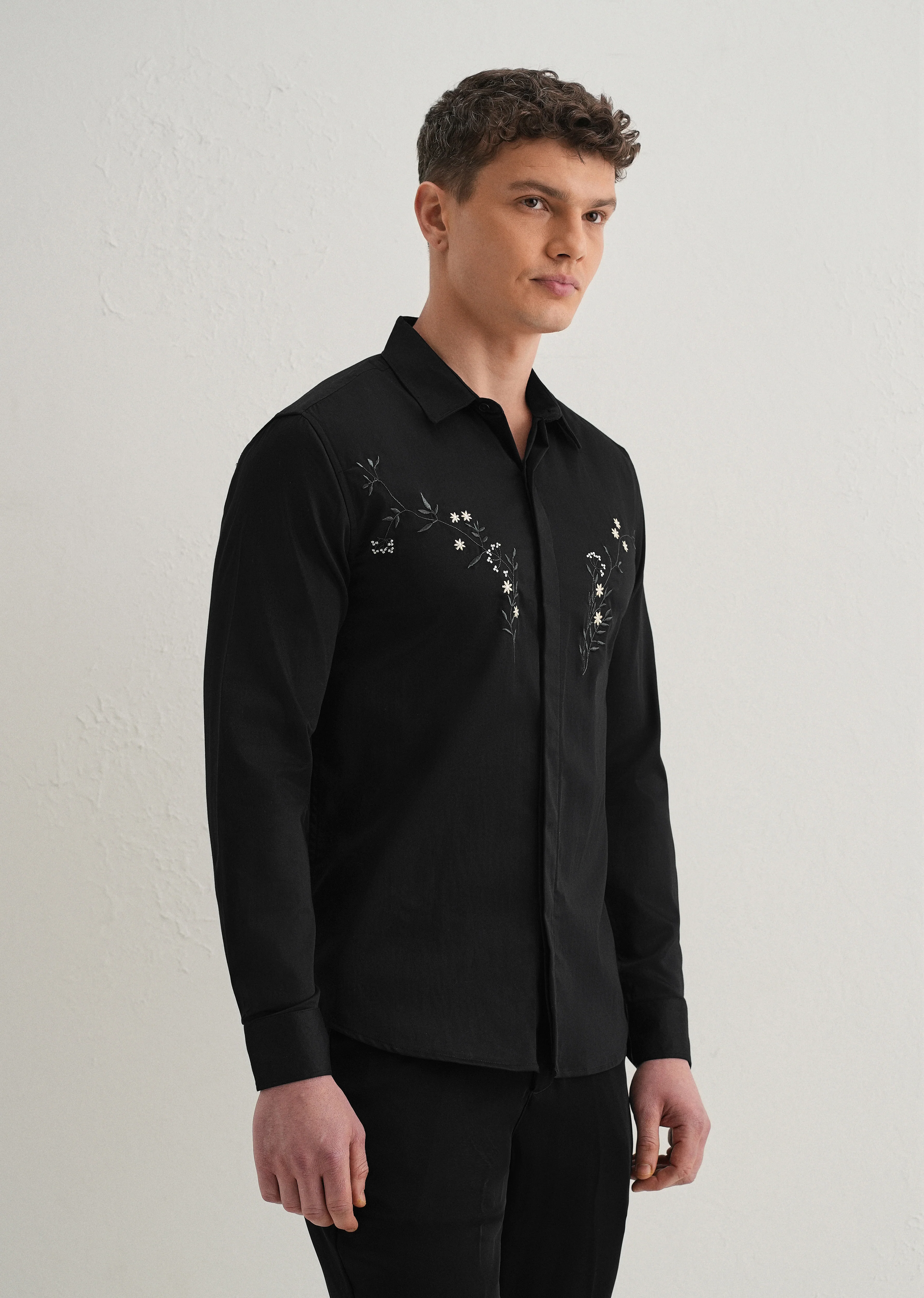 Floral Embroidered Black Designer Shirt - Image 4
