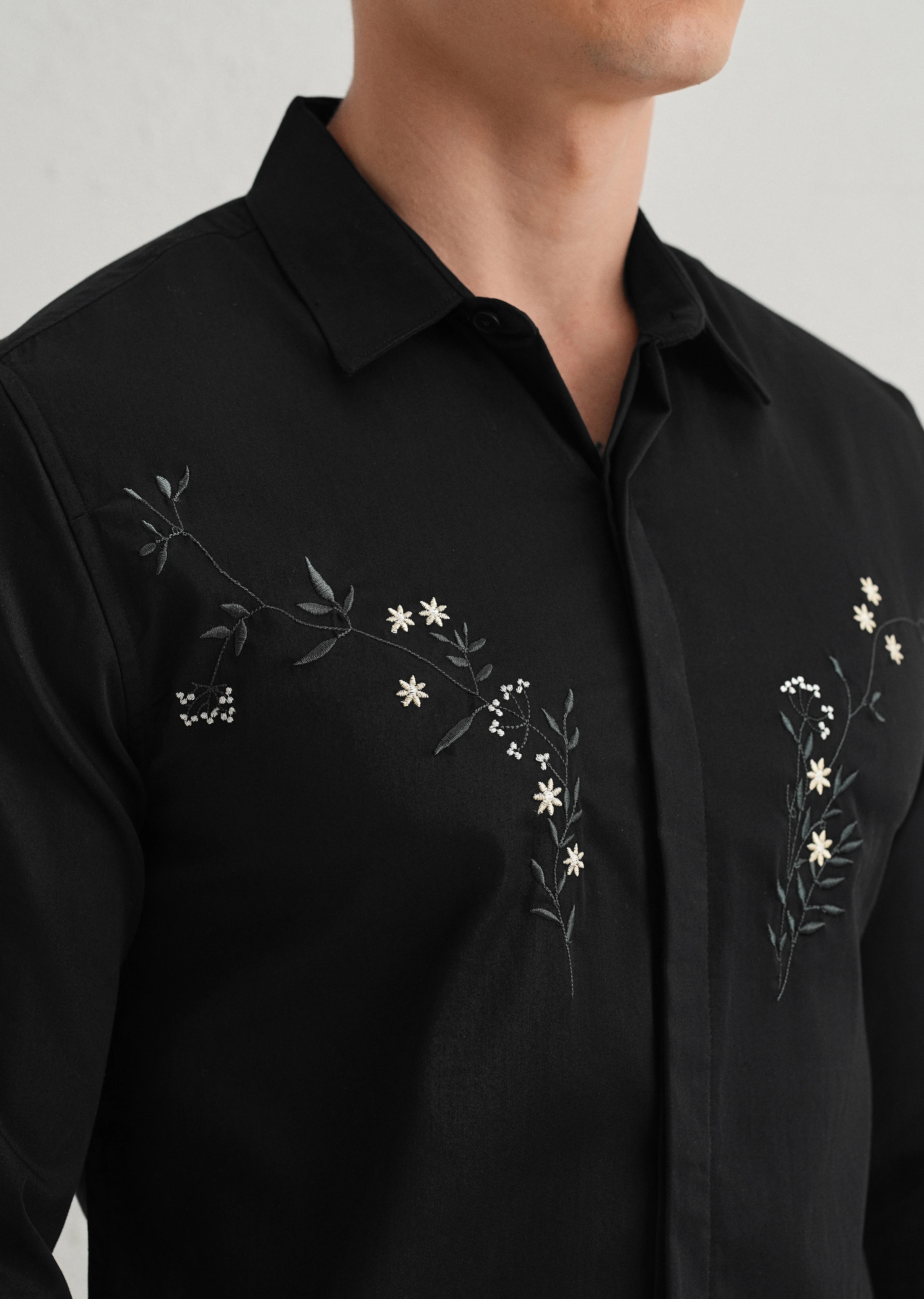 Floral Embroidered Black Designer Shirt - Image 5