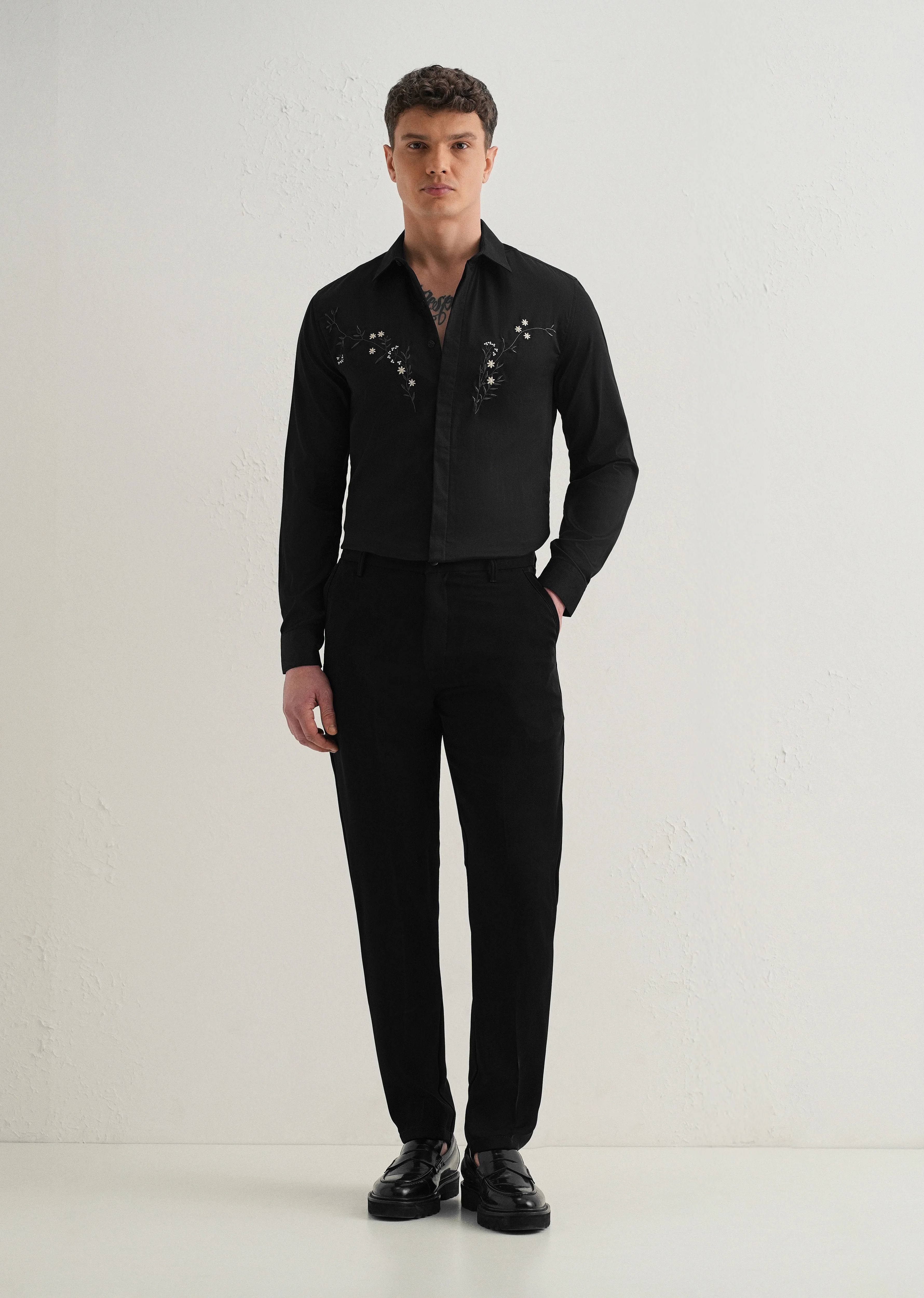 Floral Embroidered Black Designer Shirt - Image 6