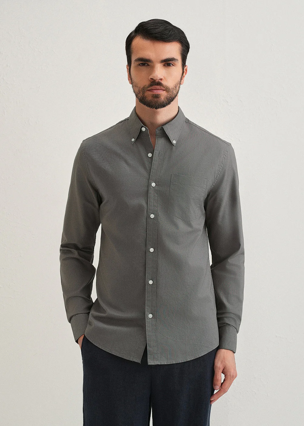 Fossil Grey Plain Cotton Oxford Shirt - Image 3