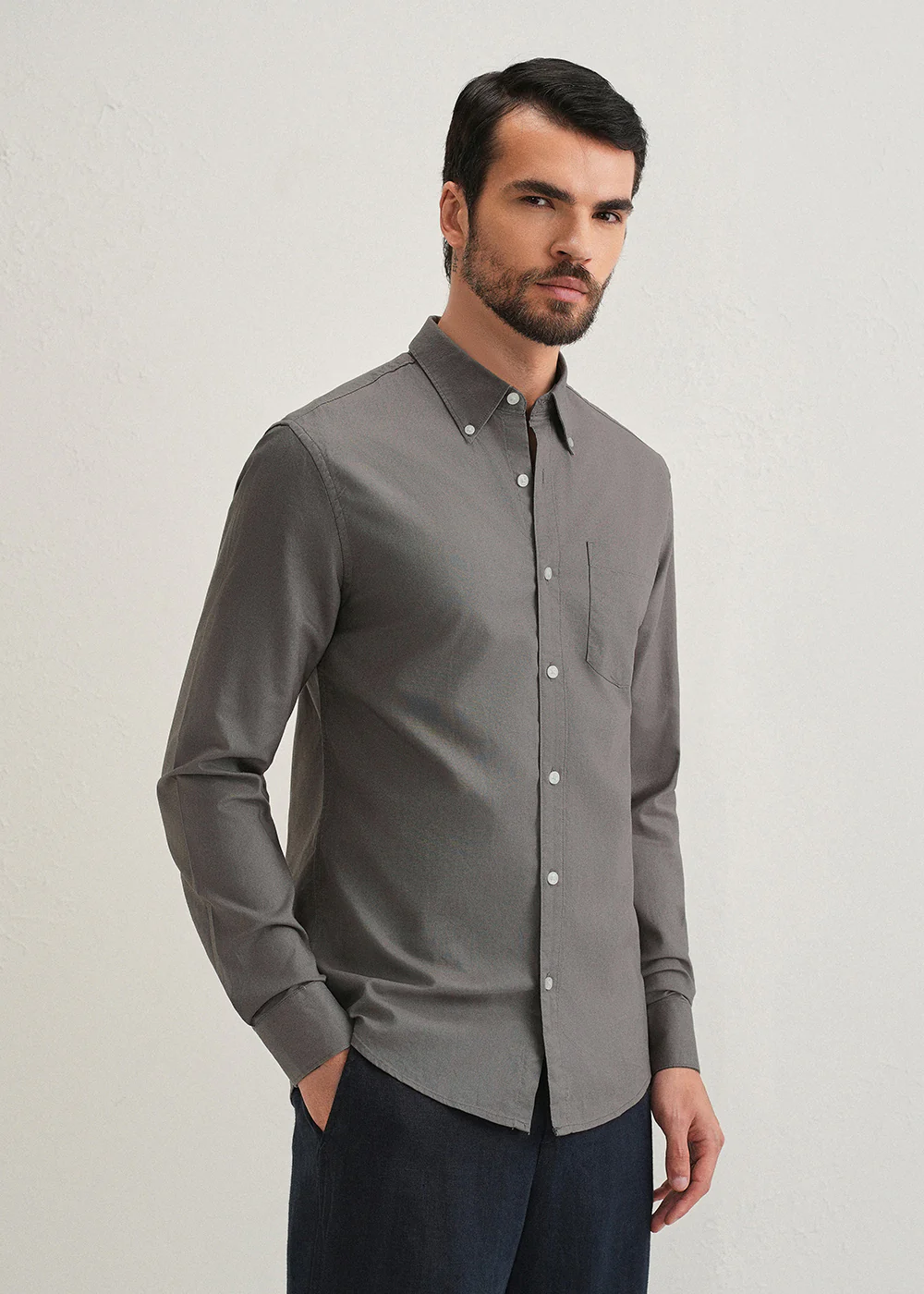 Fossil Grey Plain Cotton Oxford Shirt - Image 4