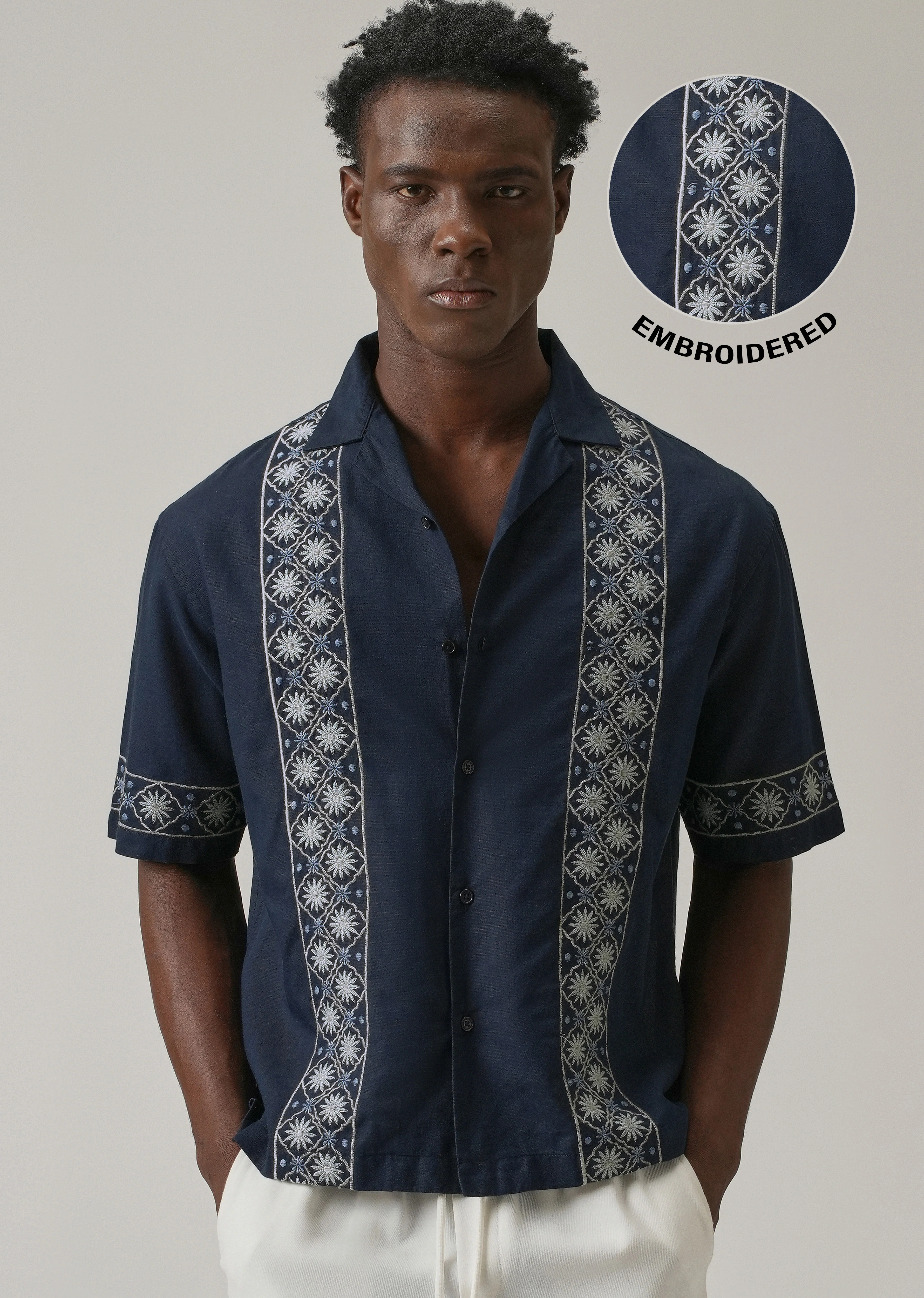 Geometric Embroidery Linen Shirt - Image 8
