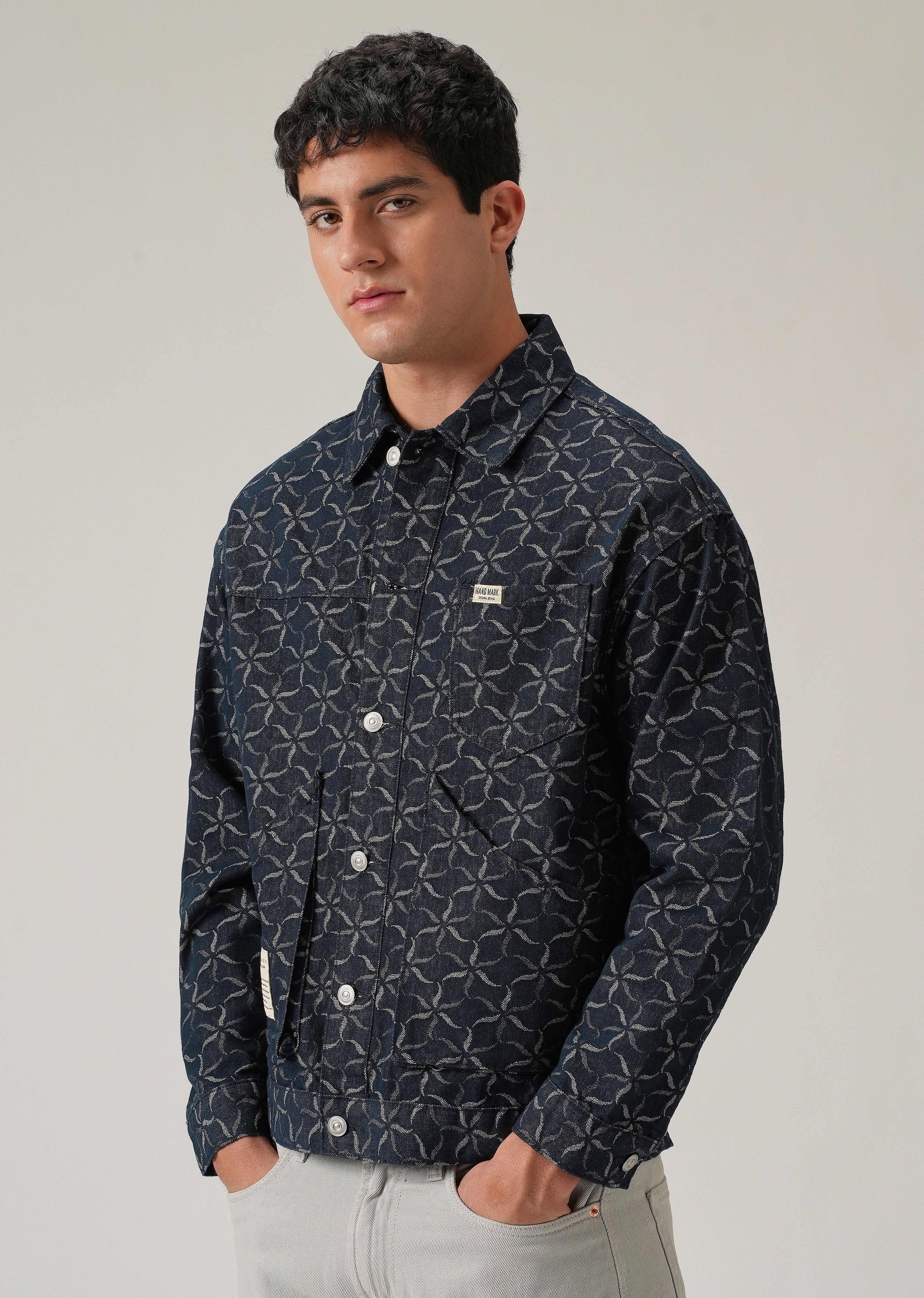 Geometric Floral Denim Jacquard Jacket - Image 4
