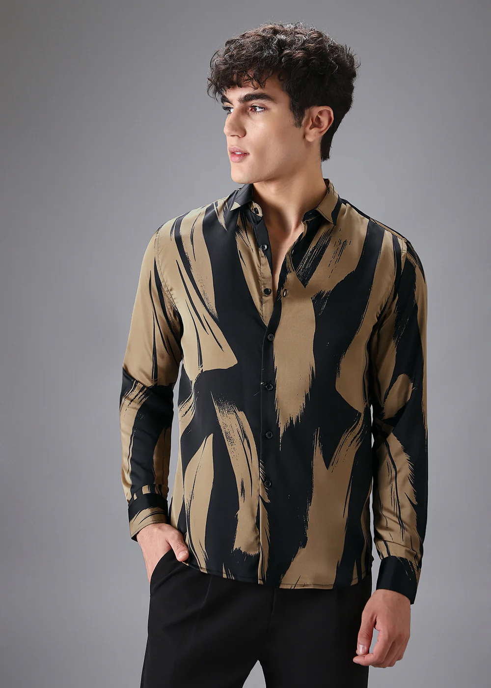 Gold Black Brush Abstract Printed Shirt - Image 3