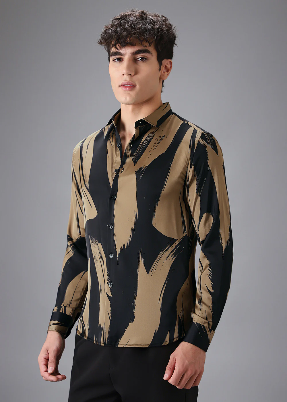 Gold Black Brush Abstract Printed Shirt - Image 5