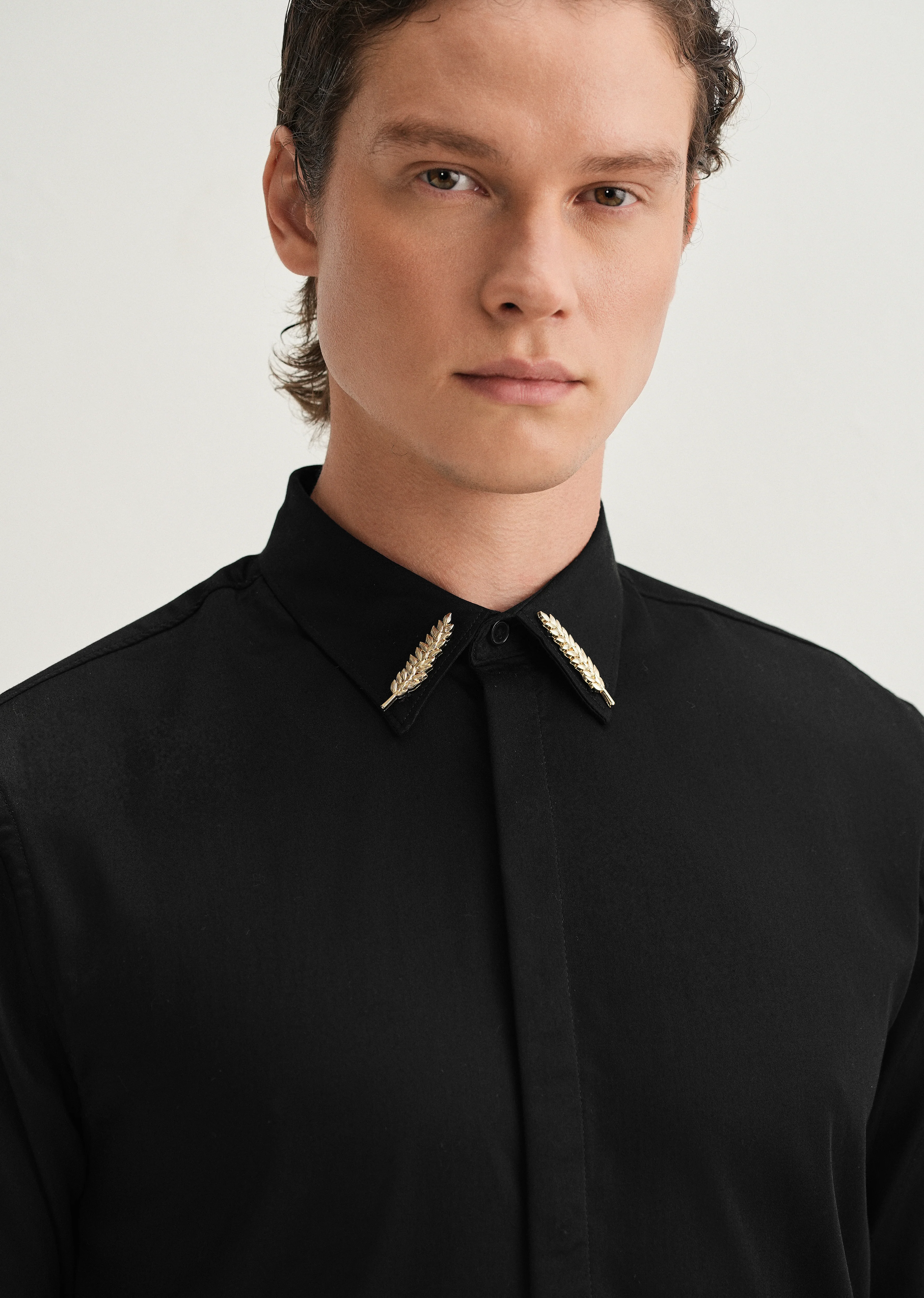 Gold Embellished Collar Black Designer Shirt - Image 2