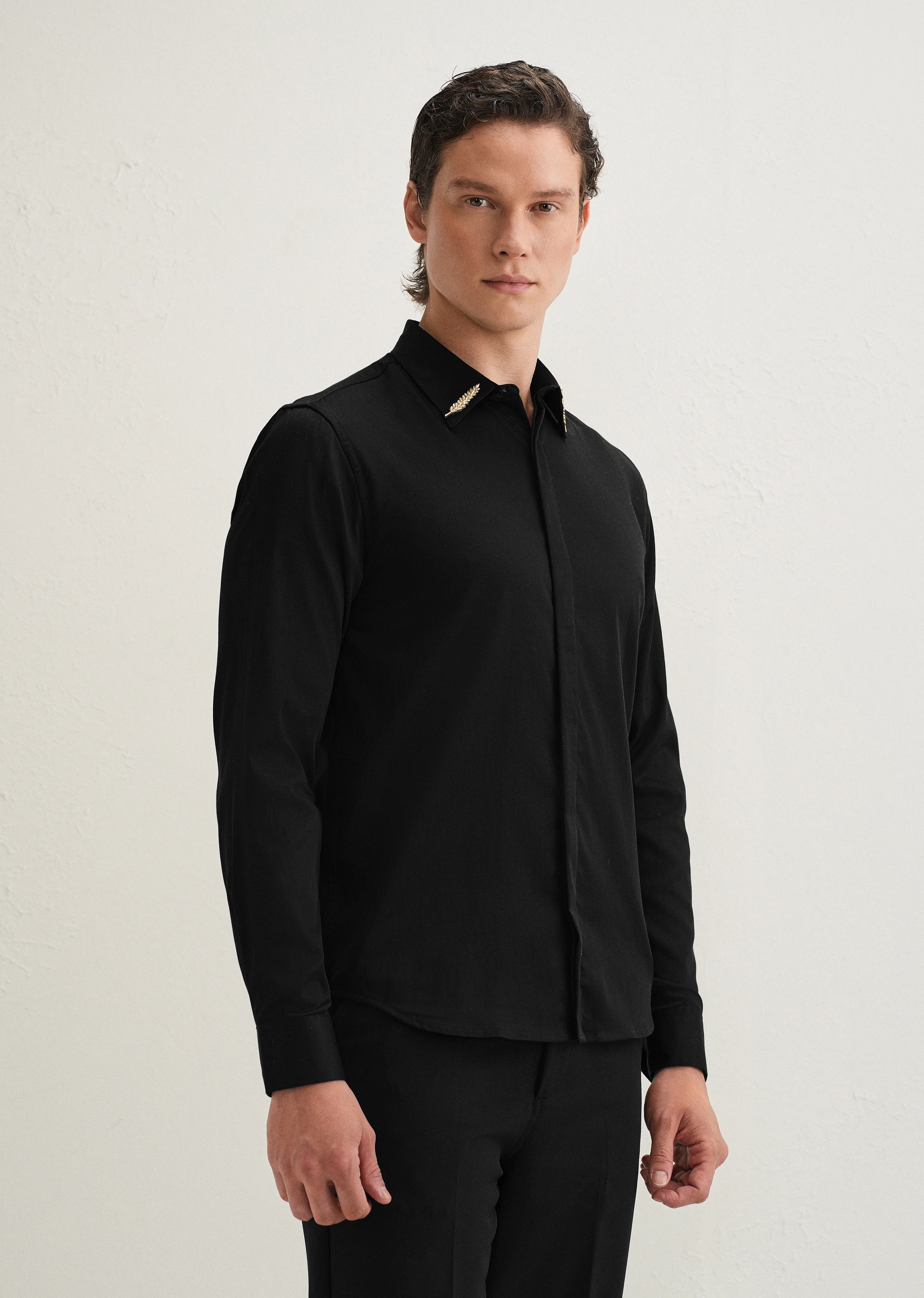 Gold Embellished Collar Black Designer Shirt - Image 5