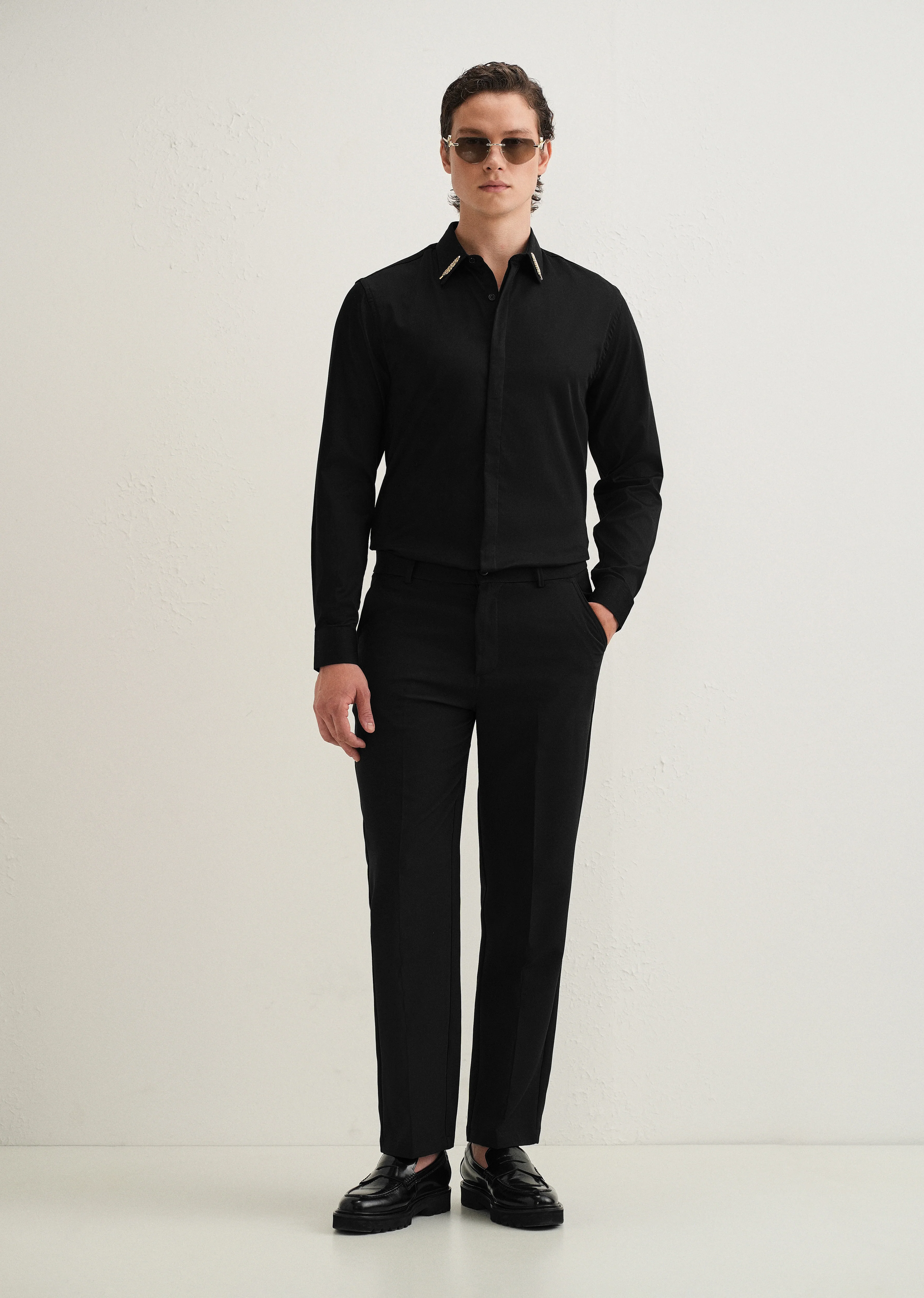 Gold Embellished Collar Black Designer Shirt - Image 6