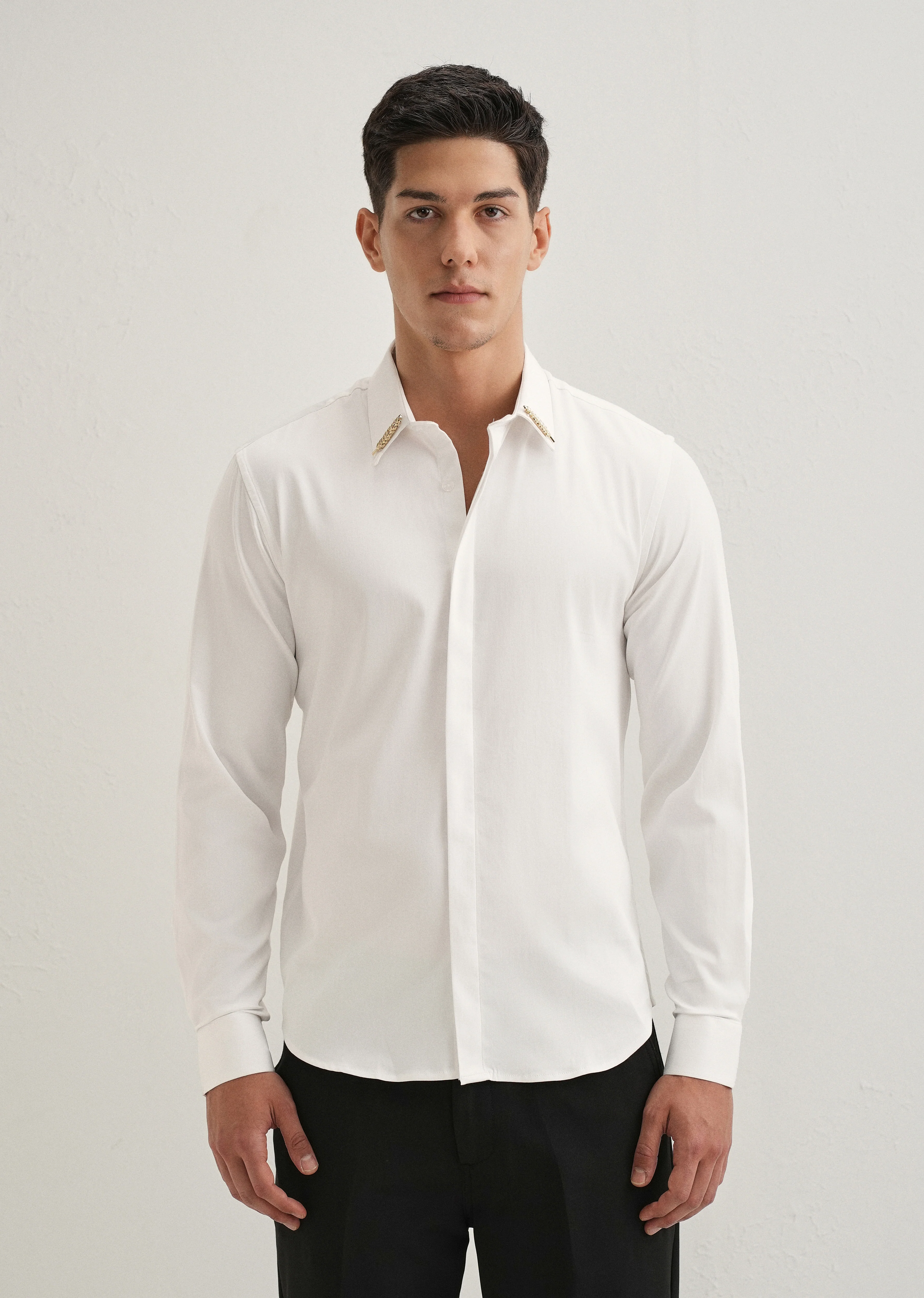 Gold Embellished Collar White Designer Shirt - Image 3