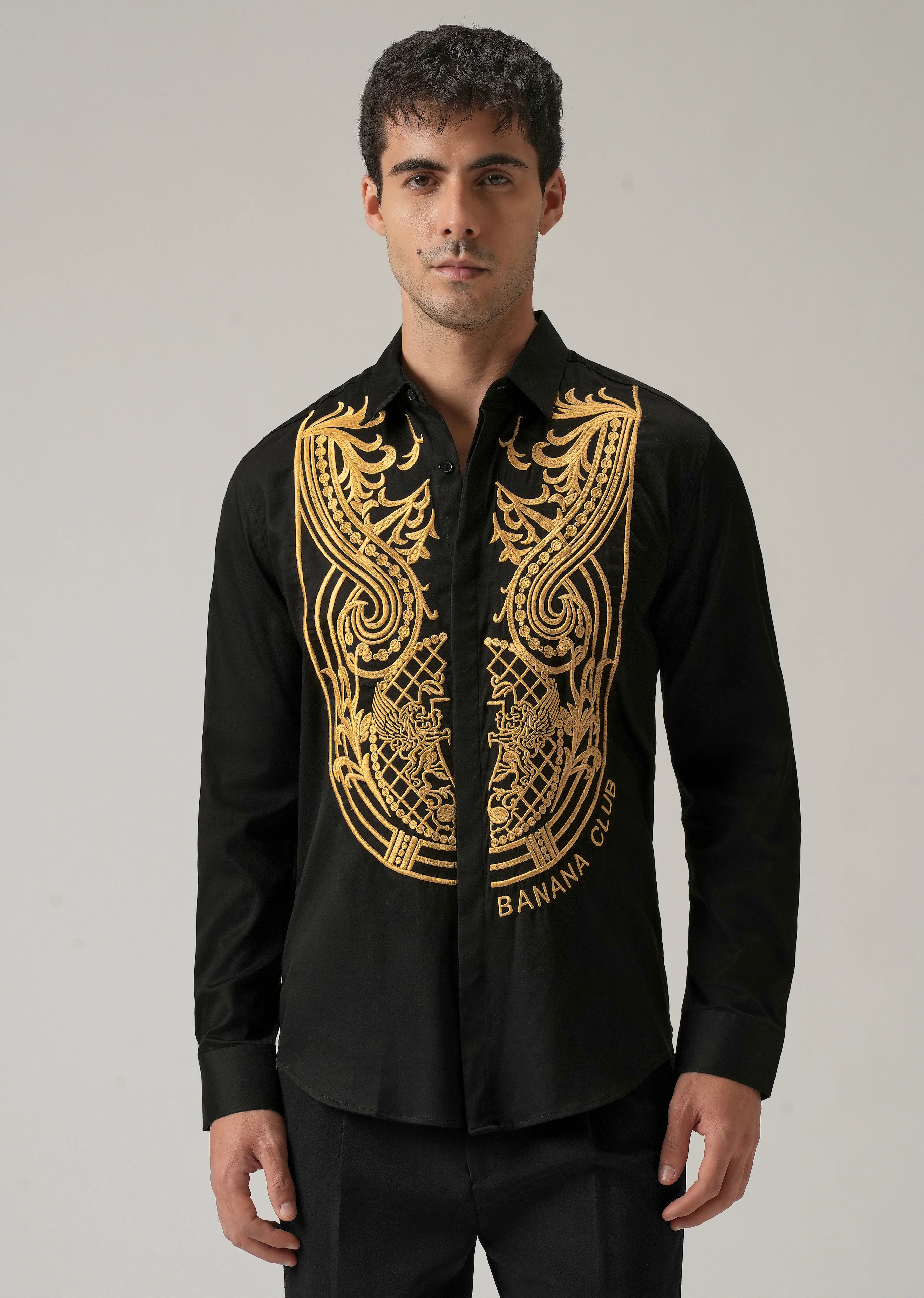 Gold Symmetric Embroidered Black Designer Shirt - Image 3