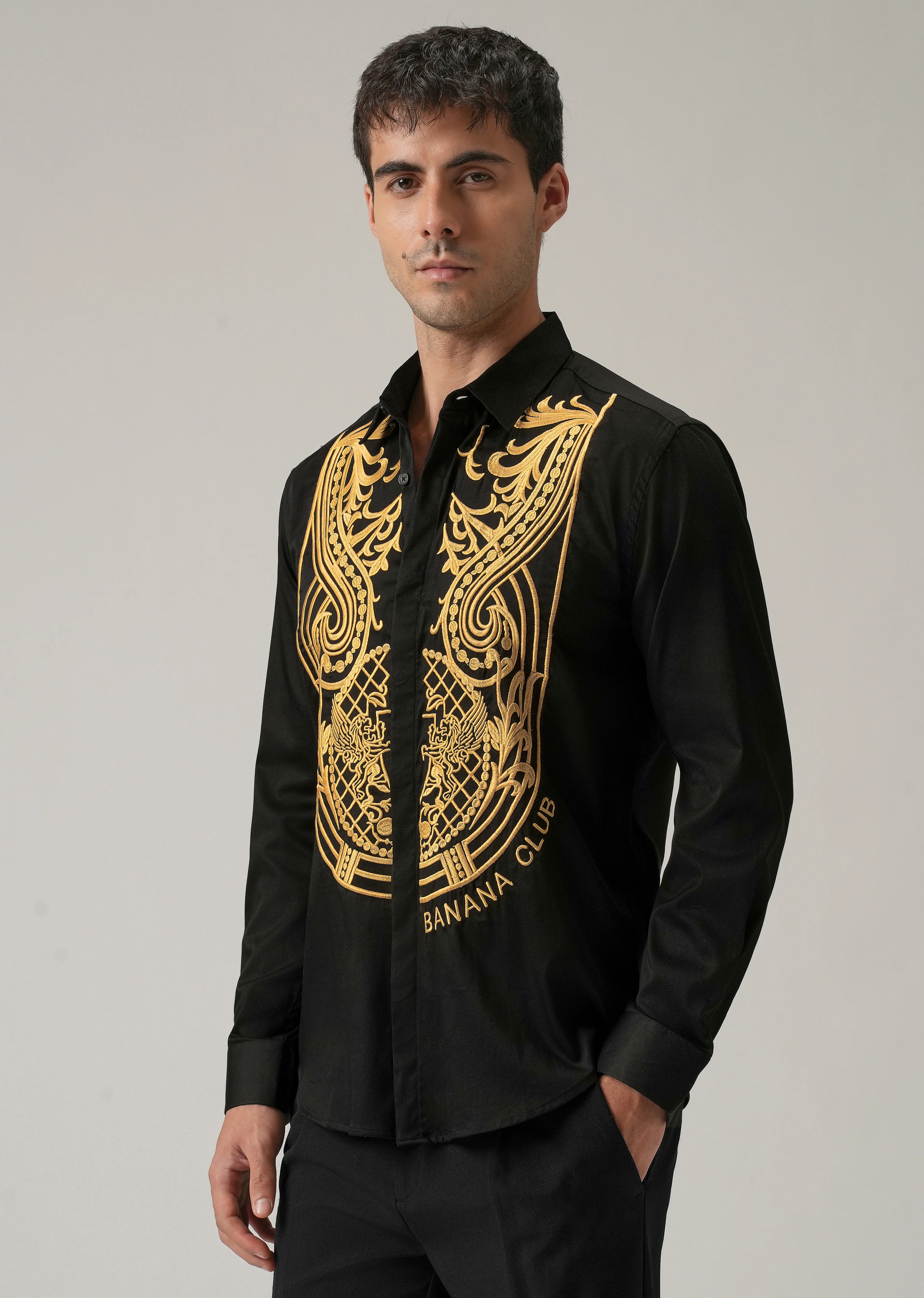 Gold Symmetric Embroidered Black Designer Shirt - Image 4