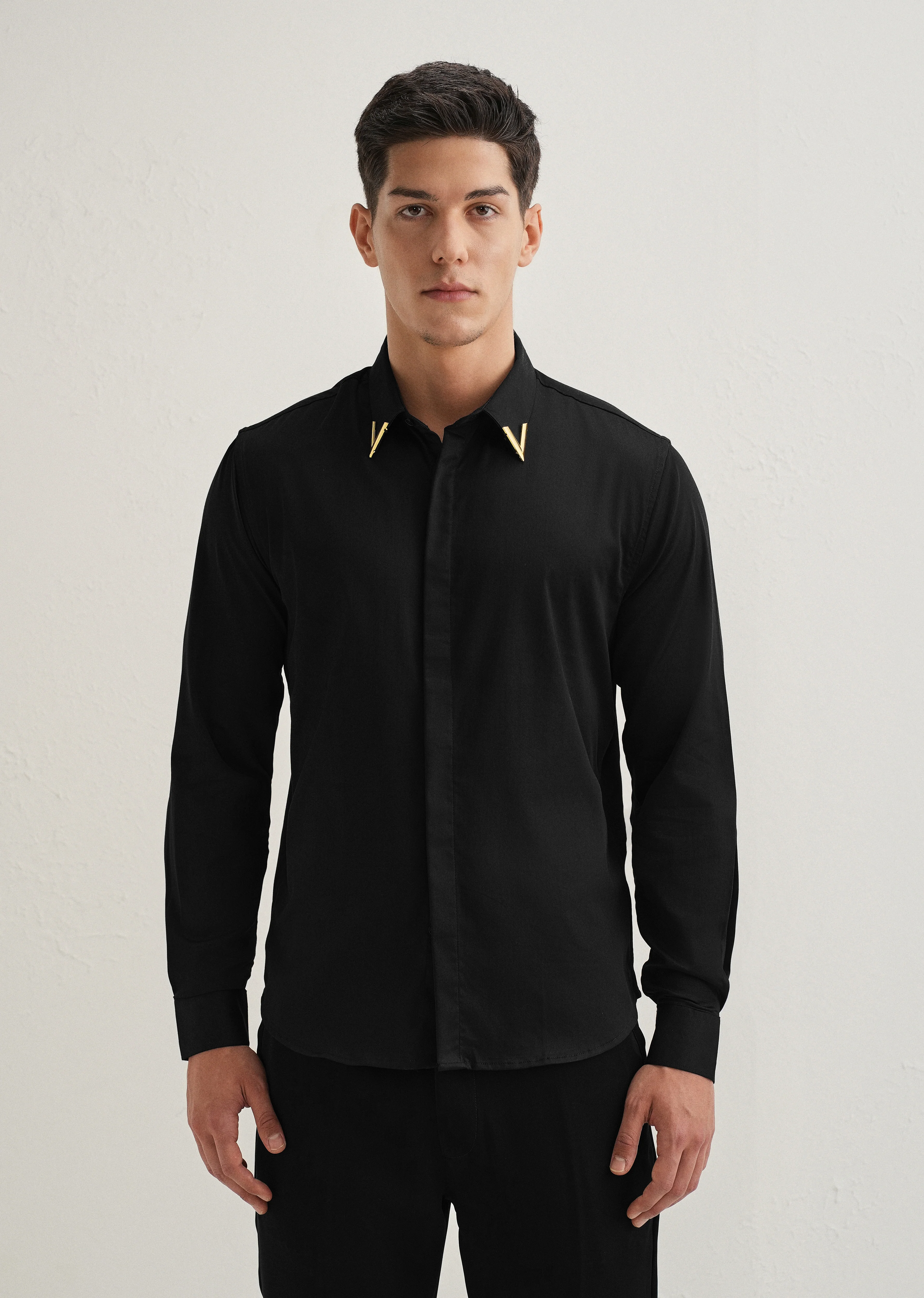Gold-Tipped Collar Black Designer Shirt - Image 3