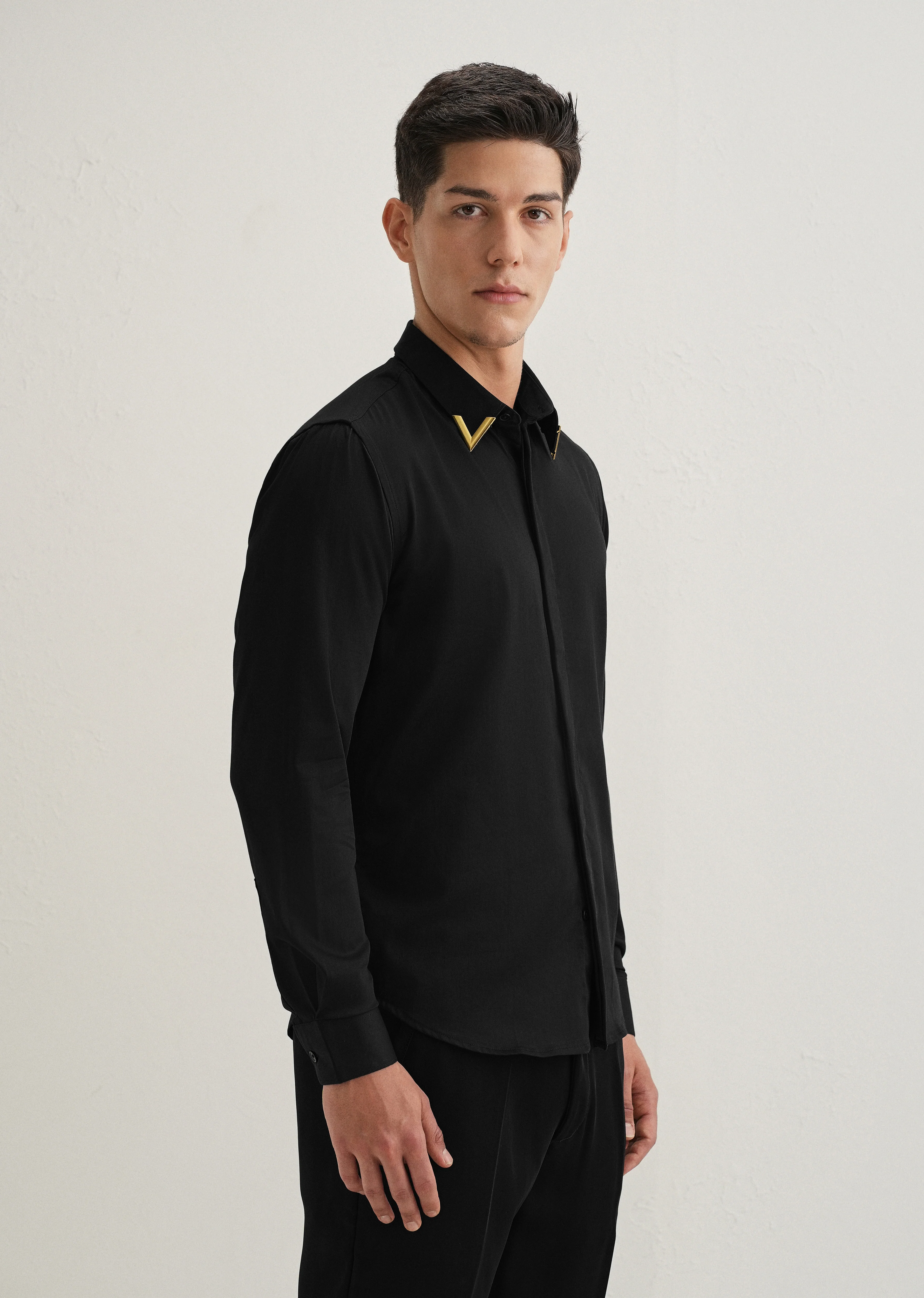 Gold-Tipped Collar Black Designer Shirt - Image 5