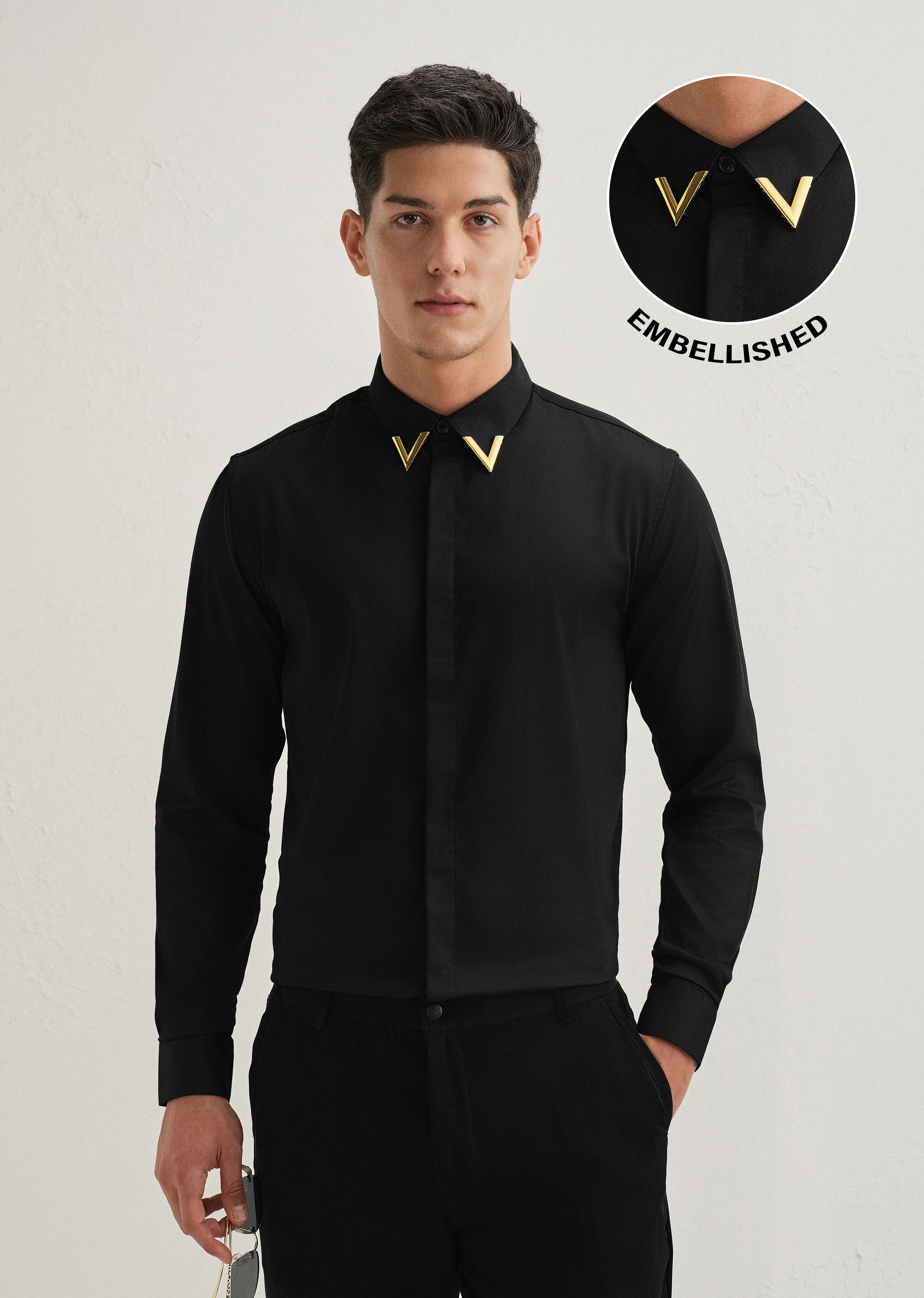 Gold-Tipped Collar Black Designer Shirt - Image 7