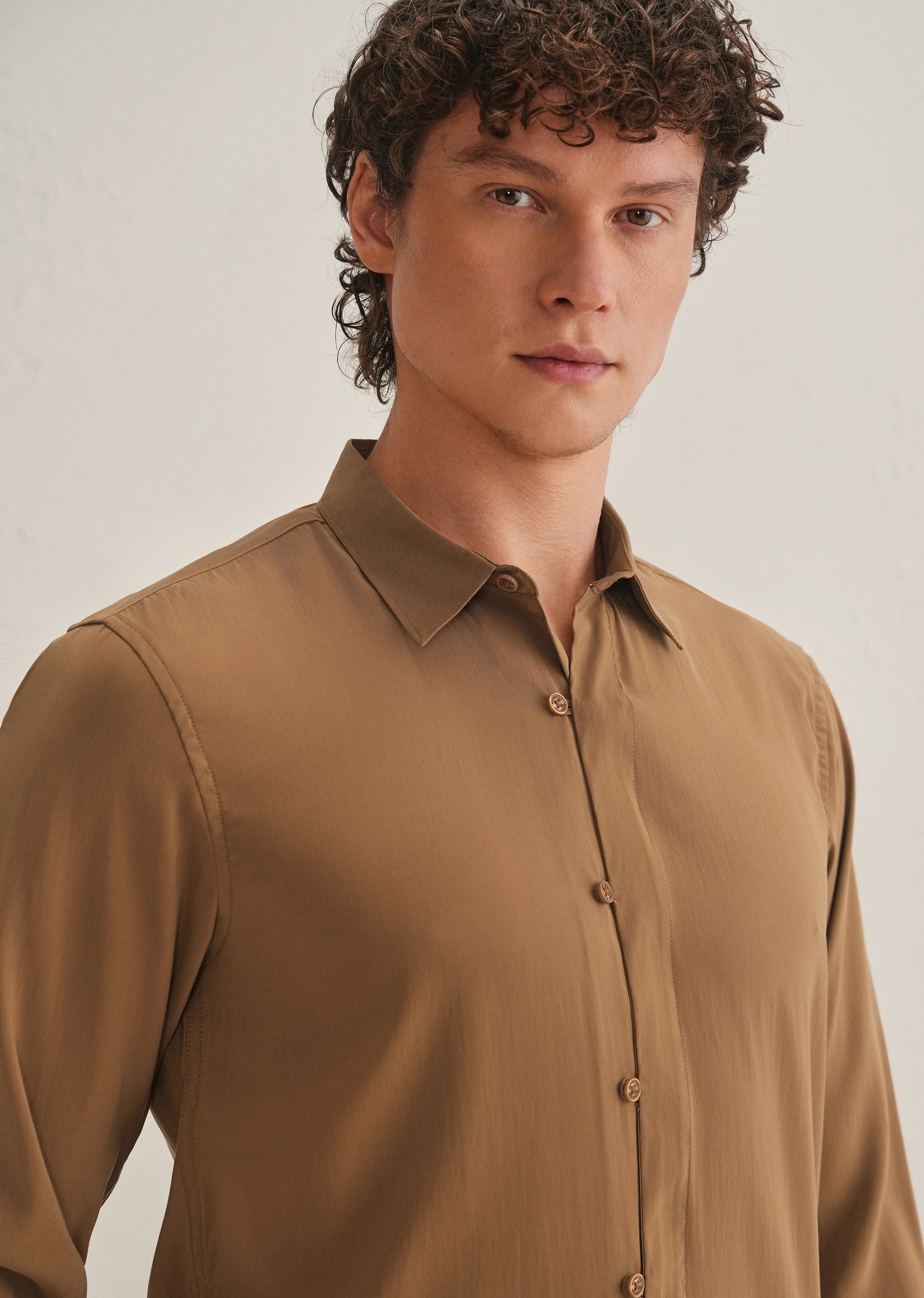 Golden Brown Loop Button-Down Plain Shirt - Image 6