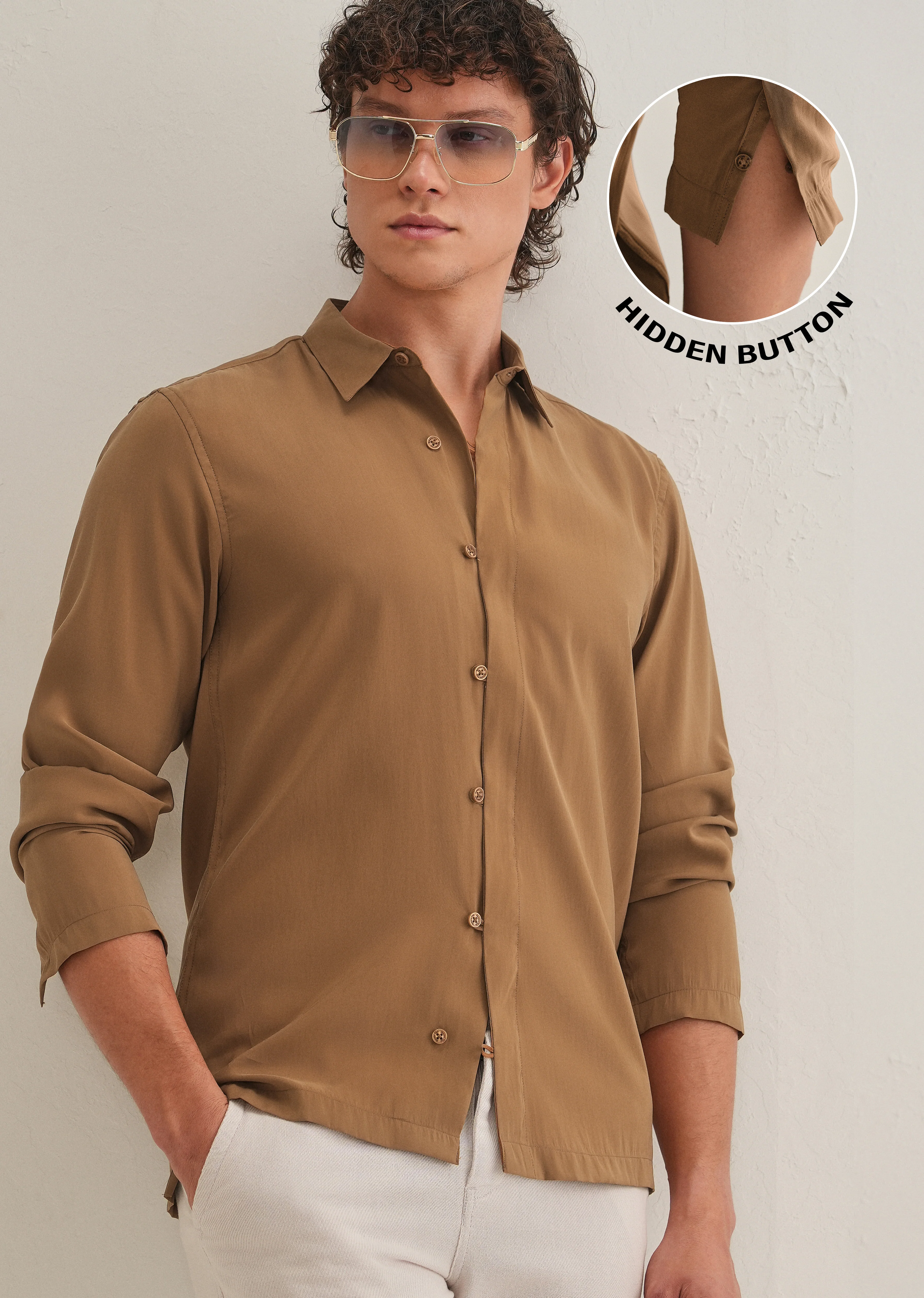 Golden Brown Loop Button-Down Plain Shirt - Image 8