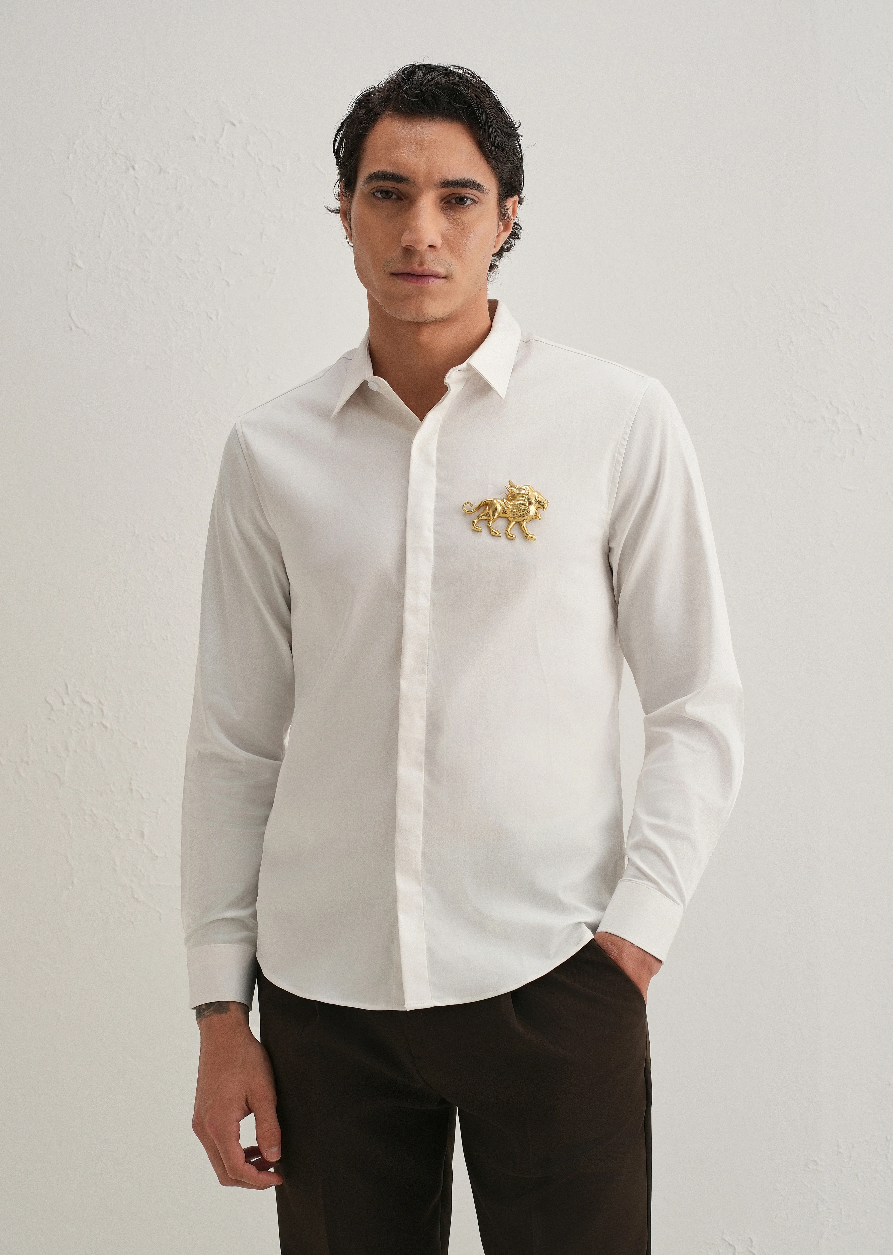 Golden Lion Brooch White Designer Shirt - Image 3
