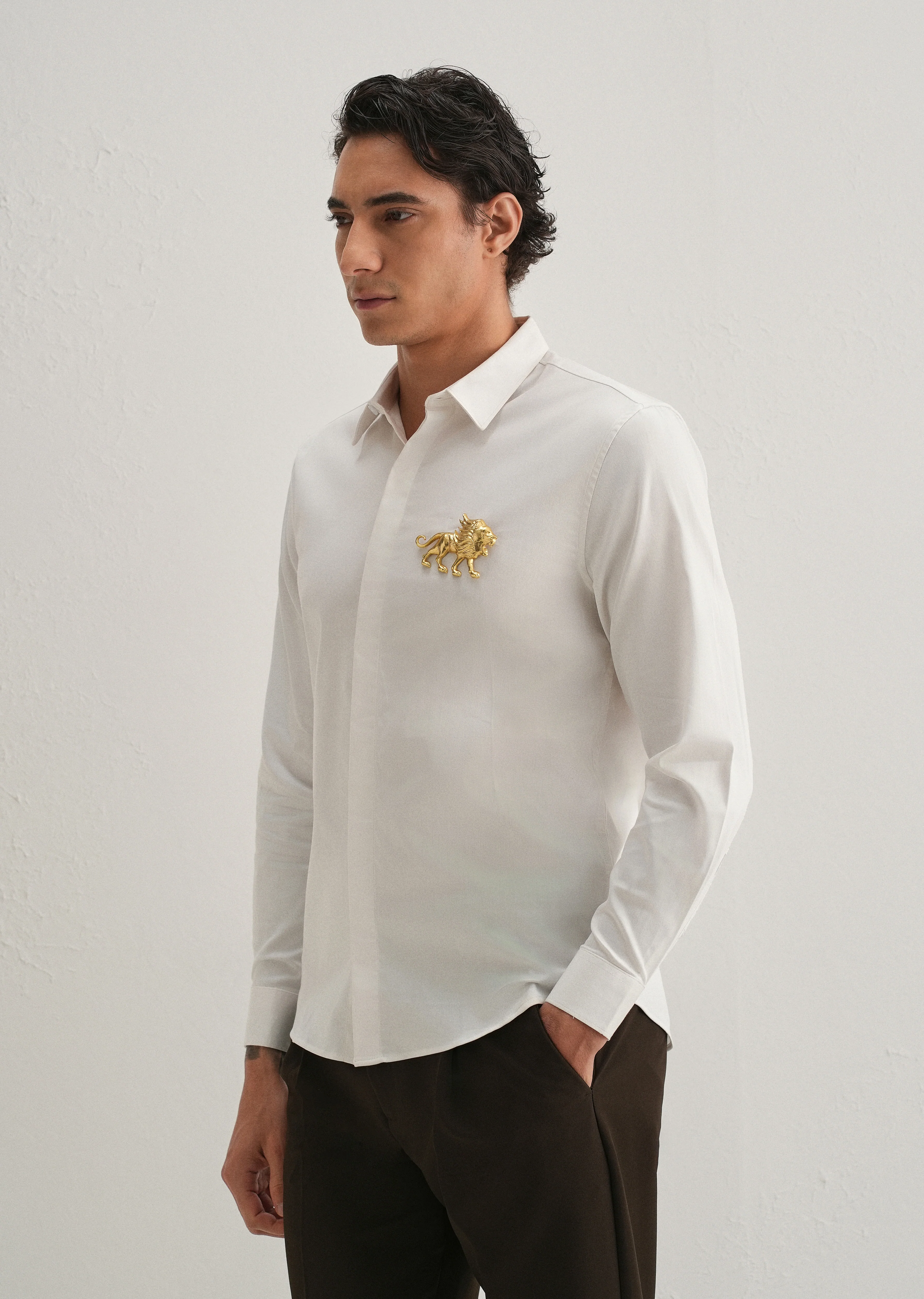 Golden Lion Brooch White Designer Shirt - Image 4