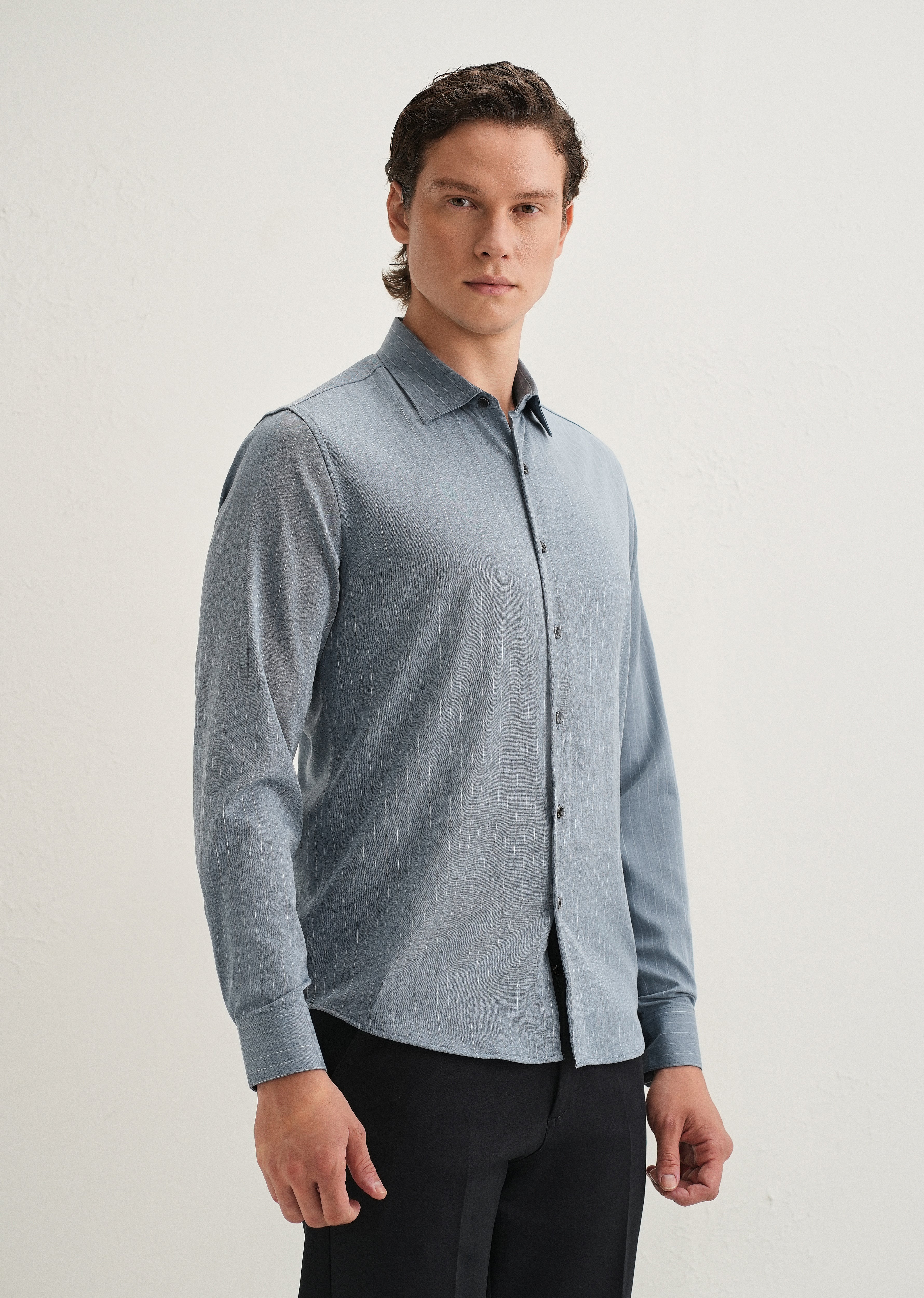 Graphite Blue Pin Striped Wrinkle Free Shirt - Image 6