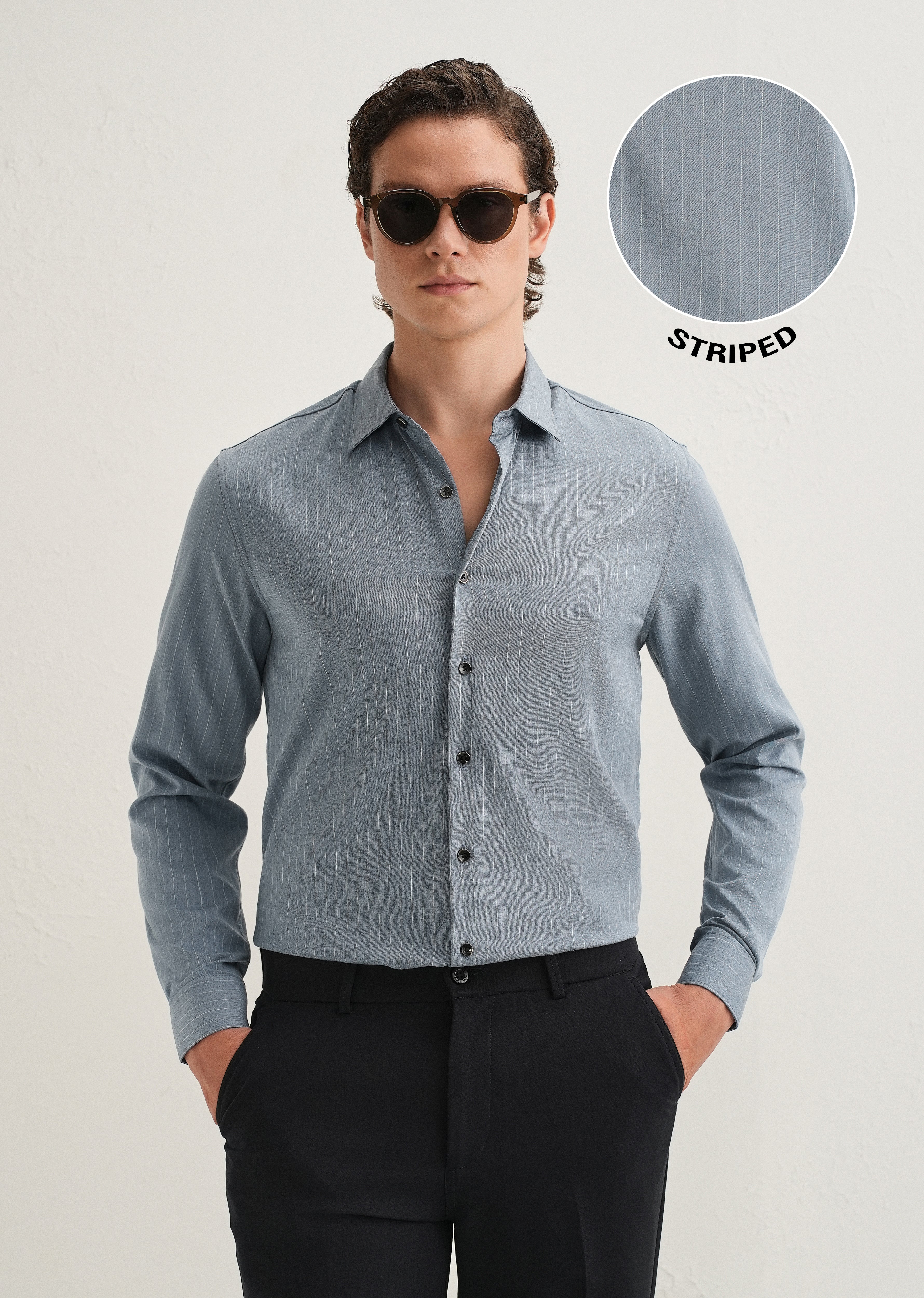 Graphite Blue Pin Striped Wrinkle Free Shirt - Image 8