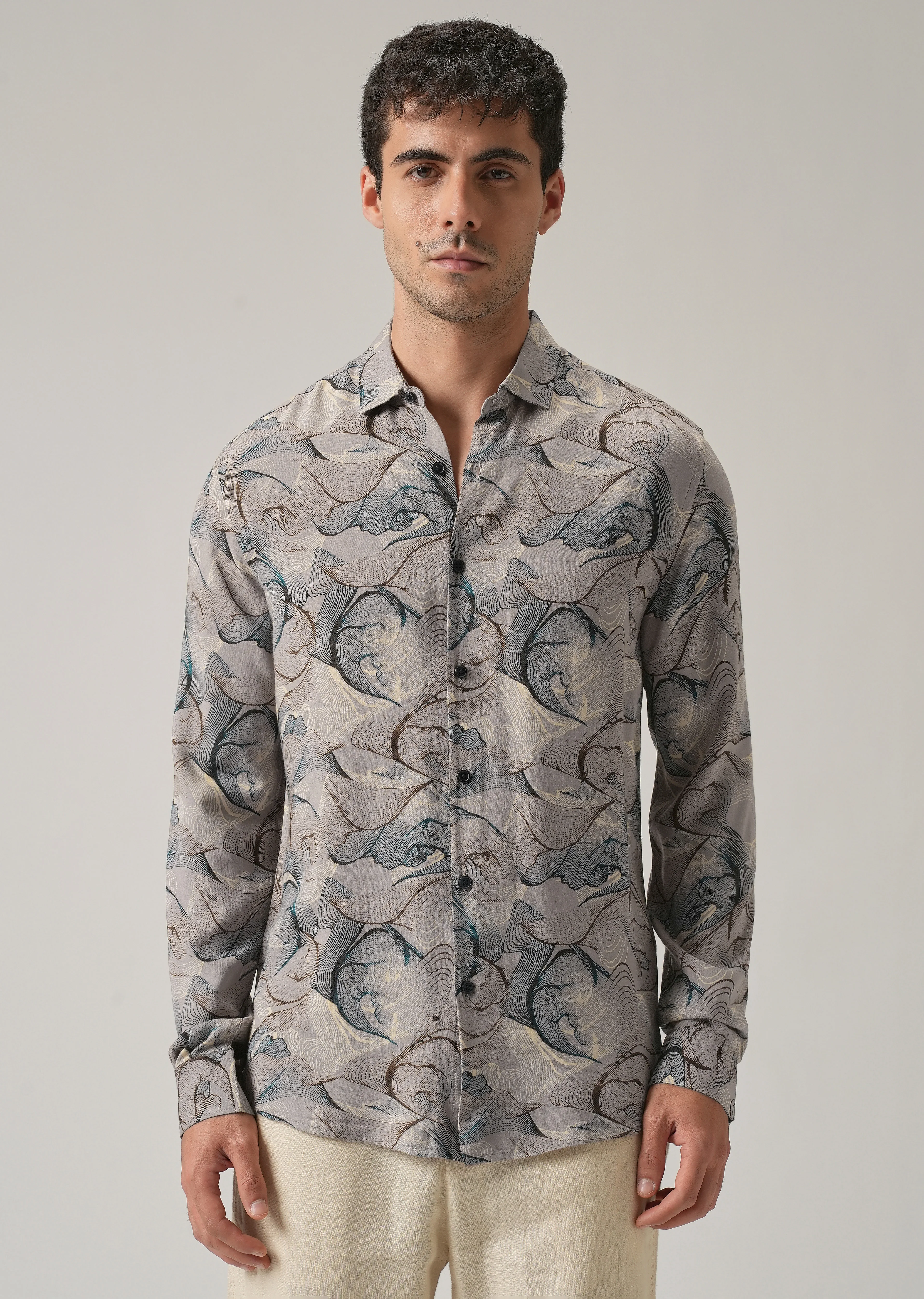 Gray Blue Lines Print Feather Shirt - Image 3