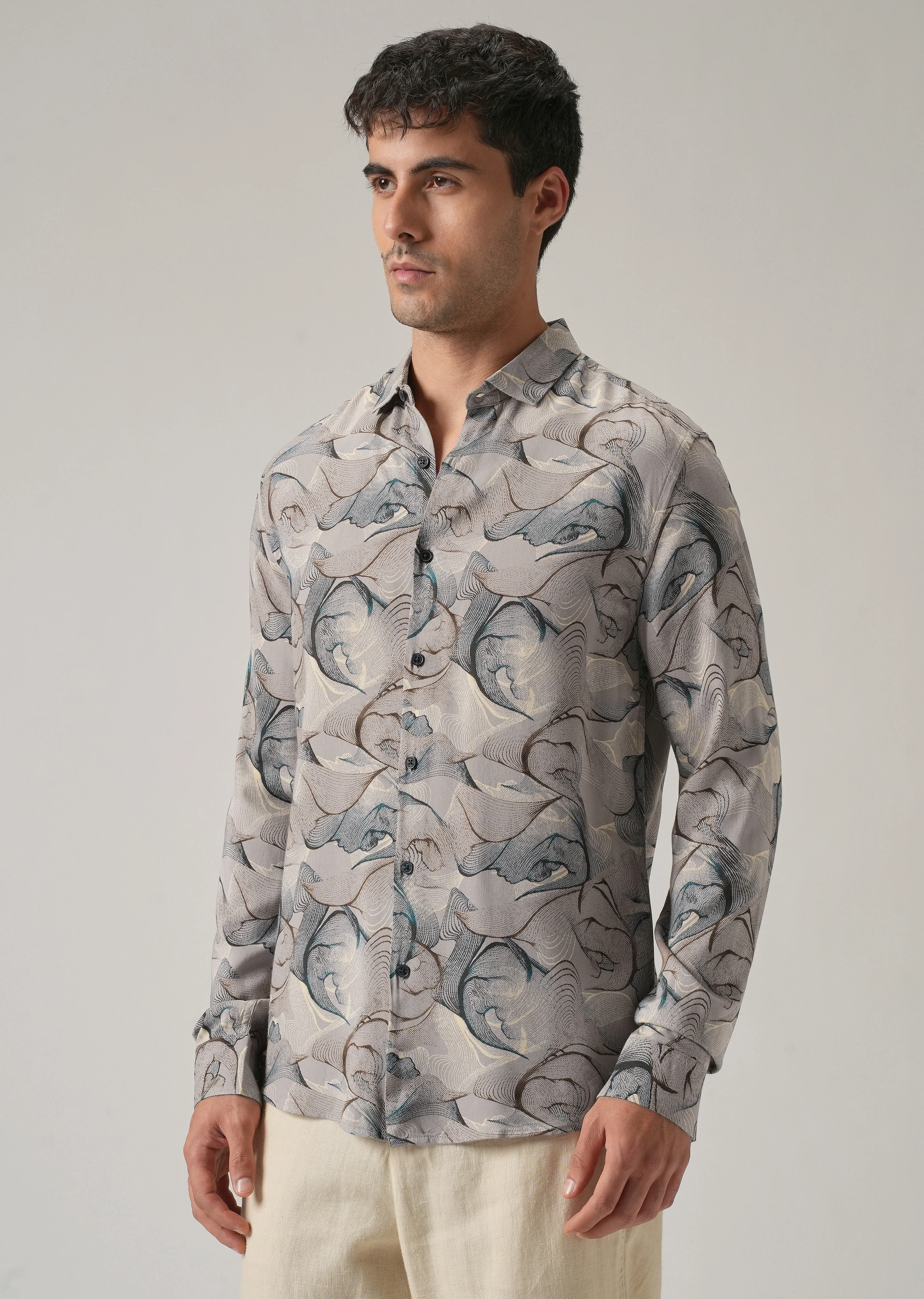 Gray Blue Lines Print Feather Shirt - Image 4