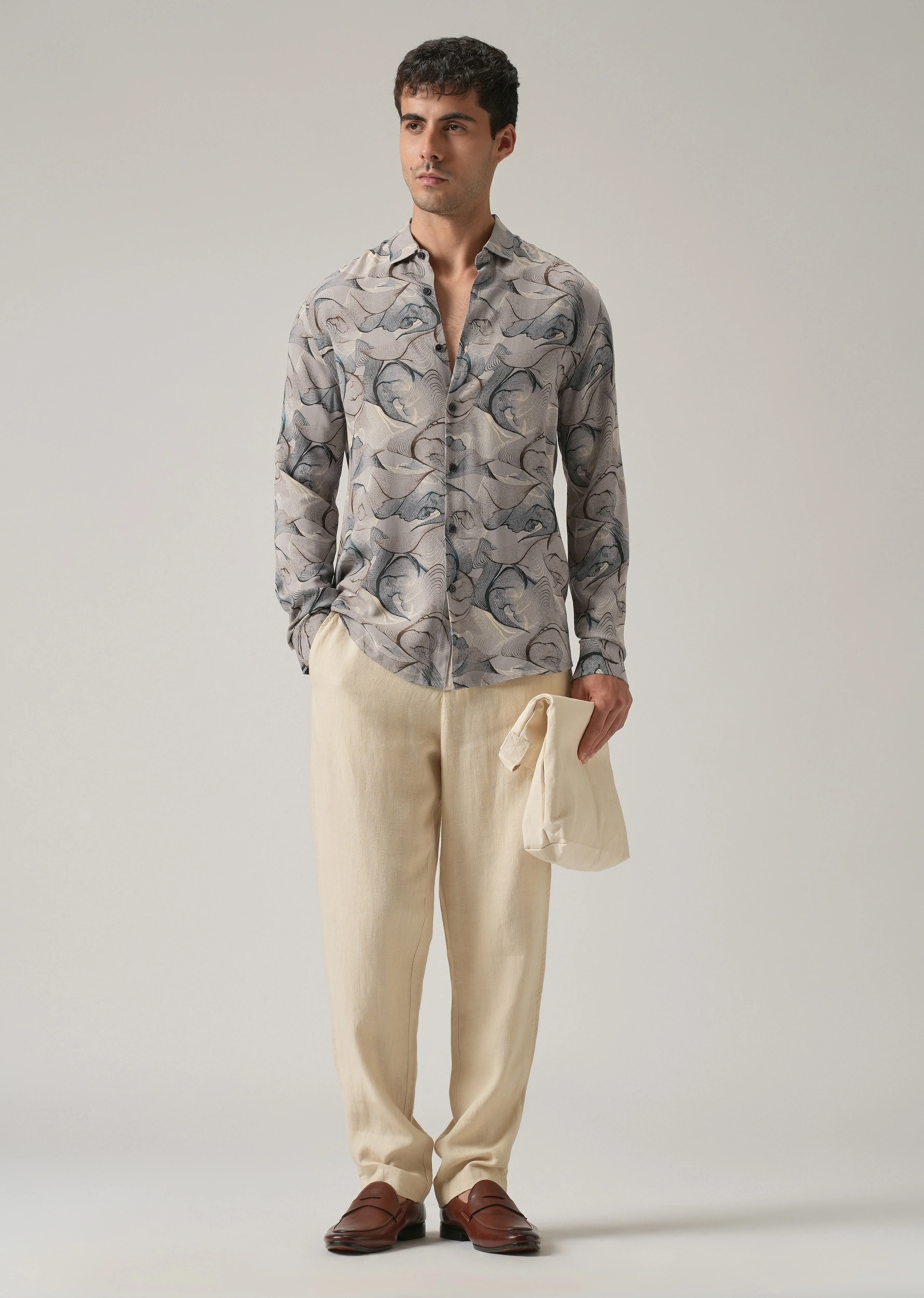 Gray Blue Lines Print Feather Shirt - Image 6