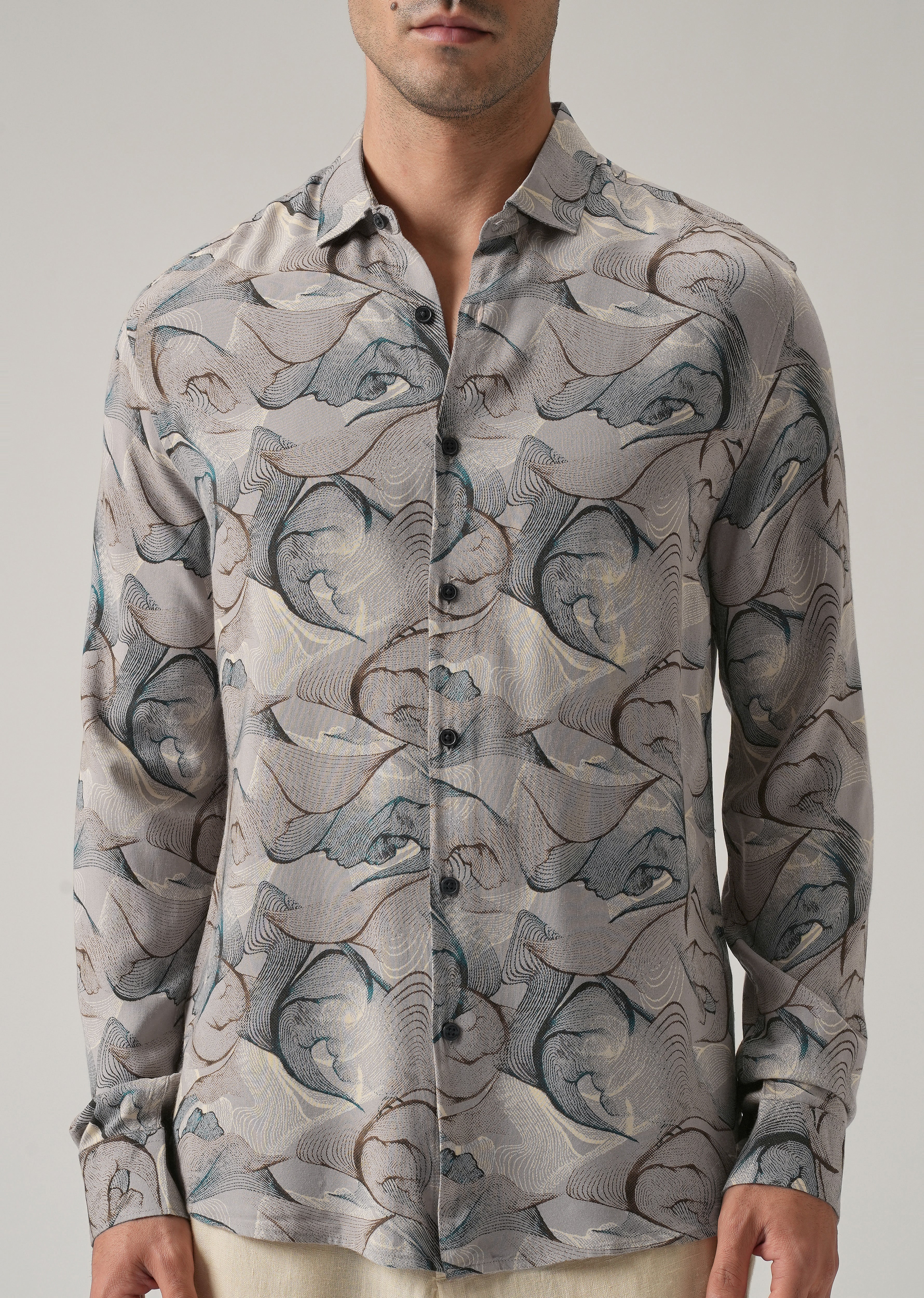 Gray Blue Lines Print Feather Shirt - Image 7