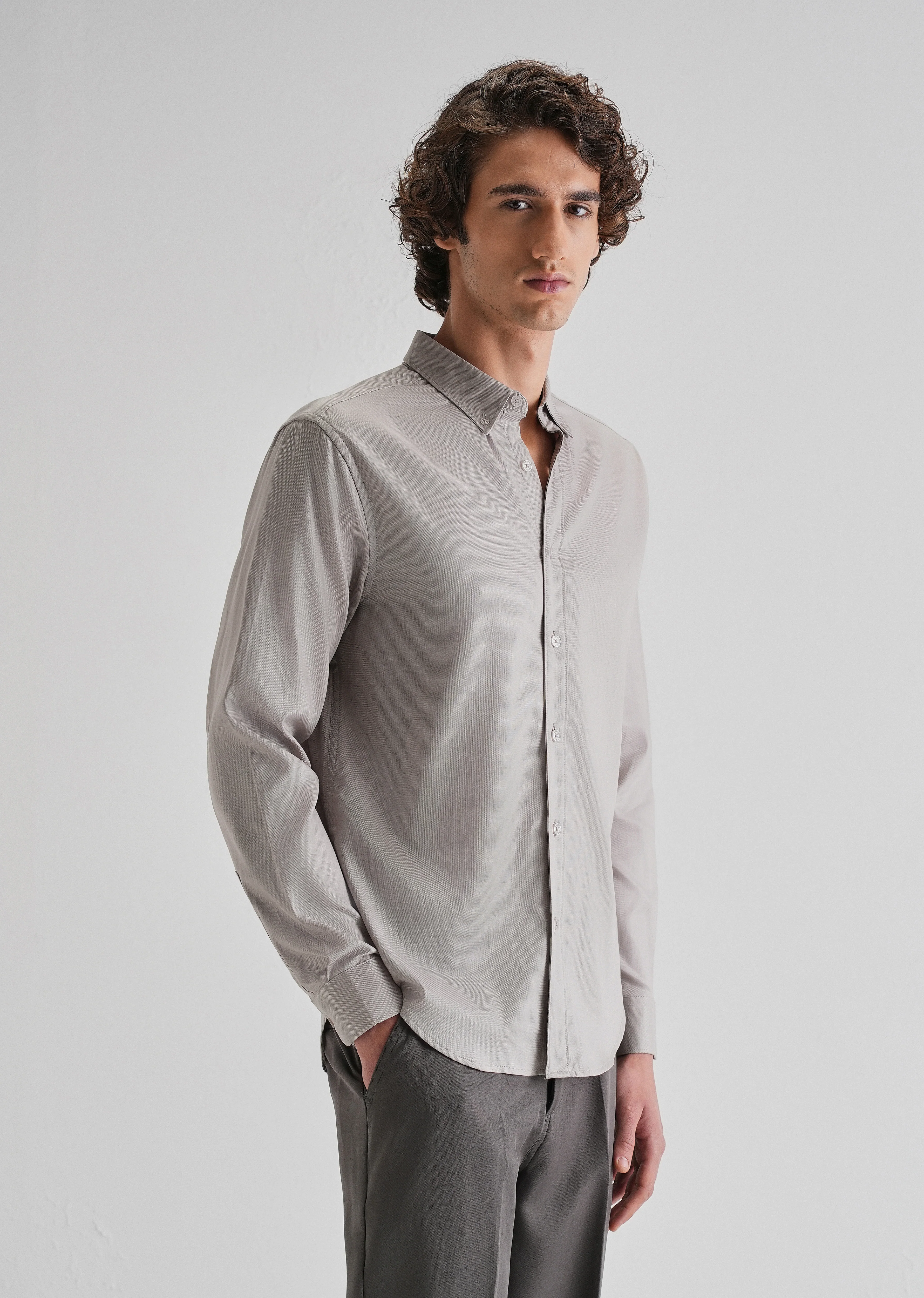 Gray Plain Blended Cotton Regular Fit Shirt - Image 4
