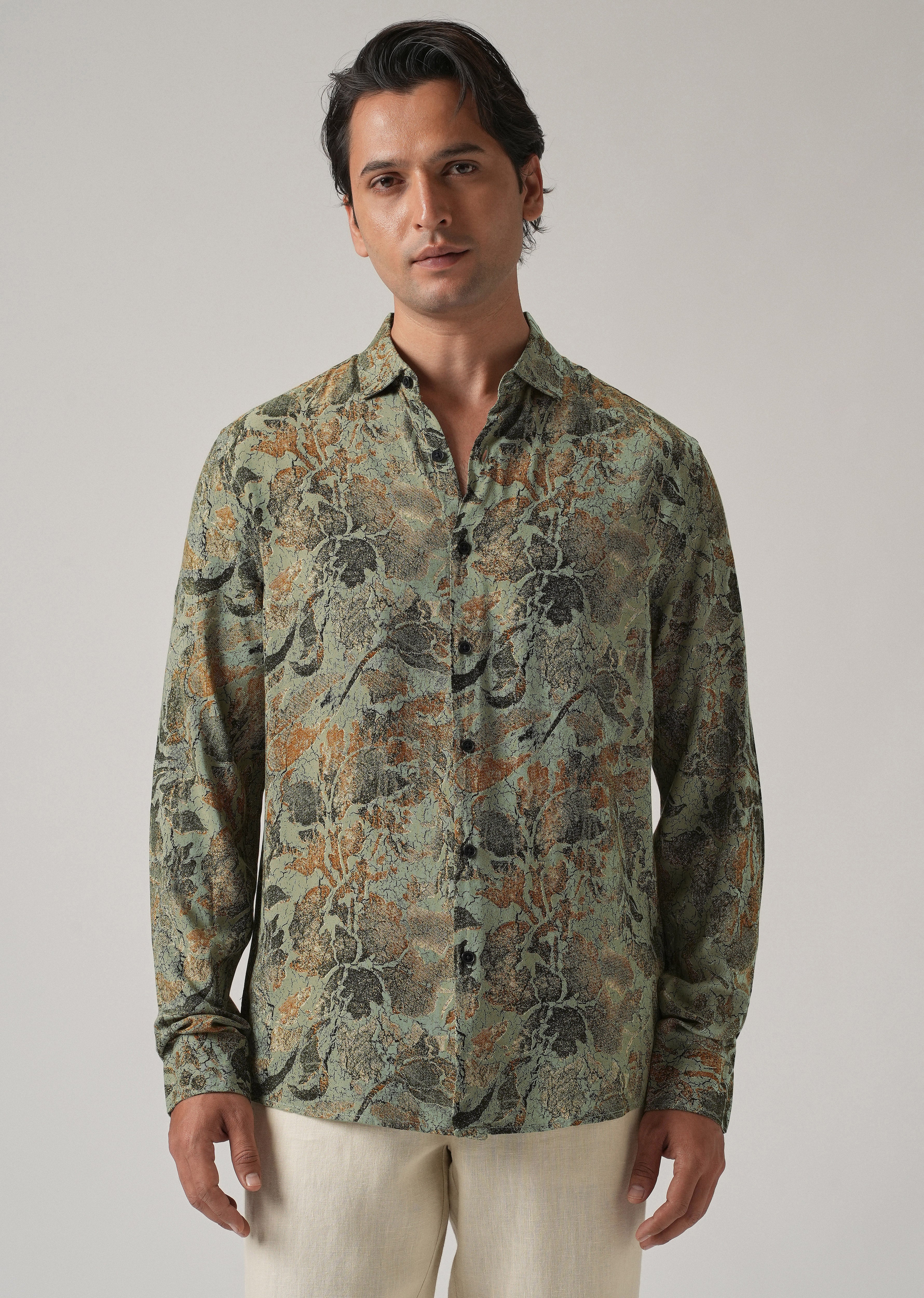 Green Abstract Distress Print Feather Shirt - Image 3